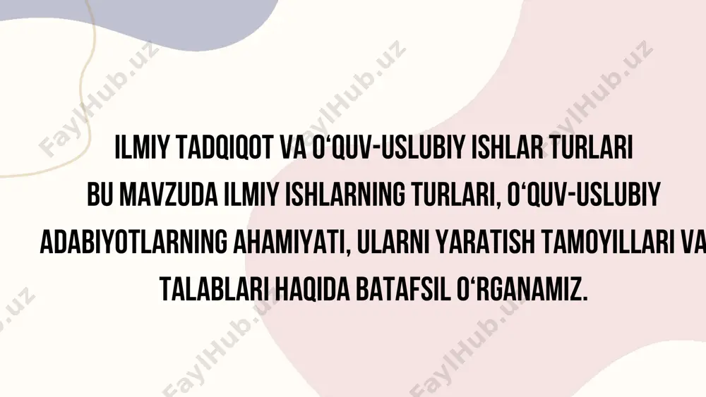 siyasi: magistrantlarning ilmiy salohiyatini ko‘rsatadigan keng qamrovli ish. ilmiy dissertatsiya va monografiya dissertatsiya: ilmiy daraja olish uchun tayyorlangan ilmiy ish, original ilmiy natijalarni o‘z ichiga oladi. monografiya: muayyan mavzuda mustaqil va keng qamrovli ilmiy asar. ilmiy-ommabop ishlar turlari ommabop maqola: keng o‘quvchi auditoriyasi uchun yozilgan ilmiy tushunchalar. feleton: kulgili va tanqidiy uslubda yozilgan ommabop matn. xabarnoma, ocherk, risola: ma’lumotlarni oddiy tilda yetkazish uchun. so‘zlashgich va lug‘at: ilmiy terminlarni tushuntirish. ilmiy-ommabop ishlarning ahamiyati ilmiy bilimlarni keng auditoriyaga yetkazib, ilmiy madaniyatni oshirishga xizmat qiladi. jamiyatni ilm-fan bilan yaqinlashtiradi. ilmiy-uslubiy ishlar turlari darslik: fan asoslarini o‘rgatuvchi asosiy adabiyot. o‘quv qo‘llanma: darslikni to‘ldirib, amaliy mashqlar bilan boyitadi. uslubiy qo‘llanma: o‘qituvchilarga dars jarayonini tashkil etishda yordam beradi. mashq to‘plamlari, konspektlar: o‘rganishni samarali qilish vositasi. o‘quv-uslubiy adabiyotlar shakllari bosma adabiyotlar: an’anaviy kitoblar va qo‘llanmalar. elektron adabiyotlar: interaktiv darsliklar, veb-platformalar, mobil ilovalar. o‘quv-uslubiy adabiyotlarni yaratish tamoyillari darslik va dastur talablariga mos bo‘lishi. yoshlarga tushunarli, ilmiy asoslangan til …