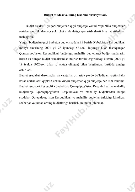 alga oshirilishi orasidagi haqiqiy vaqtinchalik kassa uzilishini qoplashga; 3. budjetlarning rejalashtirilgan xarajatlarini maqsadli moliyalashtirish (mablag‘ bilan ta’minlash) sxemalarini amalga oshirilishi uchun. a) daromadlar tushumi bilan xarajatlarni amalga oshirilishi orasidagi rejalashtirilgan vaqtinchalik kassa uzilishini qoplashga - 9 kalendar oyigacha; b) daromadlar tushumi bilan xarajatlarni amalga oshirilishi orasidagi haqiqiy vaqtinchalik kassa uzilishini qoplashga - 3 kalendar oyigacha; v) budjetlarning rejalashtirilgan xarajatlarini maqsadli moliyalashtirish (mablag‘ bilan ta’minlash) sxemalari amalga oshirilishi uchun - 1 kalendar oyigacha quyi moliya organlari tomonidan ssudaga extiyoj bo‘lganda belgilangan tartibda yuqori moliya organiga yozma so‘rovnoma taqdim etiladi (chizma) chizma. ssuda berish to‘g‘risidagi yozma so‘rovga ilova qilinadigan xujjatlar. budjet ssudalari belgilangan tartibda budjet ssudasi oluvchi moliya organi bilan budjet ssudasi beruvchi moliya organi o‘rtasida tuzilgan «budjet ssudasini berish to‘g‘risidagi shartnoma» asosida beriladi va qaytariladi. budjet ssudasini qaytarish «budjet ssudasini berish to‘g‘risidagi shartnoma»da ko‘rsatilgan muddatlarda ammo nizomda belgilangan muddatdan oshmagan holda amalga oshiriladi. budjet ssudasini qaytarish mablag‘ni o‘tkazib berish, yuqori budjetlardan …