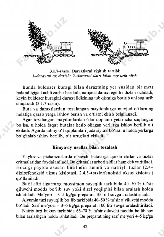 yordamida daladan tashqariga olib chiqiladi (3.1.10-rasm). yirik xarsang toshlar esa zanjirlarga bogianib traktorlar bilan tortib daladan tashqariga chiqariladi (3.1.11-rasm). kichik va o‘rta diametrli toshlar ukp-0,6 (universal kamneuboroch- naya, pritsepnaya) mashinasi bilan terib olinadi hamda uning pritsepi yordam ida daladan tashqariga olib chiqiladi (3.1.12-rasm). yaylov va pichanzorlarni o ‘rtacha va katta toshlardan mexanizmlar yordam ida tozalash tadbirlari va quruq bo‘lgan davrlarda yoz va kuz oylarida o ‘tkaziladi. t osh lar bilan kuchsiz va o ‘rtacha qoplangan ham da toshlarning o icham i 0,3 metrdan kichik b o ig an joylarda ularning qo‘1 kuchi bilan ham terib olish mumkin. 3.1.2. tuproqda namlikni saqlash tadbirlari 0 ‘zbek istonn ing b a rc h a m in taqa la ridag i tab iiy yaylov va pichanzorlardagi o ‘simliklar atm osfera yog‘inlari hisobiga to ‘plangan nam lik zaxiralari evaziga o ‘sib rivojlanadi. a tm osfera yong 'in lari m in taqalar bo‘yicha har xil m …