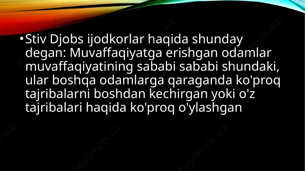 ostandart tarzda qabul qilishni, odatdagidan tashqariga chiqishni o'rganasiz. barchamiz tushunamizki, mitti baland bo'yli bo'lolmaydi, lekin ijodiy fikrlash g'ayrioddiy, nostandart, ko'pchilik uchun qiziqarli bo'ladigan narsani o'ylab topishdir. umumiy g'ayrioddiy biz har kuni o'nlab ob'ektlardan foydalanamiz va ular allaqachon ma'lum bir funktsiyani bajarishiga odatlanib qolganmiz. ammo bu etarli emas, siz ijodiy fikrlashingiz, o'zingizdagi g'ayrioddiy qobiliyatlarni rivojlantirishingiz kerak. oddiy bir narsani tasavvur qiling, masalan, stul va undan foydalanishning 10 usulini o'ylab toping. ammo darhol o'tirish, turish, uloqtirishning standart turlaridan voz keching. katta o'ylab ko'ring, bitta narsaga to'xtalmang. fikrlash poezdi quyidagicha bo'lishi mumkin: stul qismlardan yasalgan, demak siz uni qismlarga ajratishingiz mumkin, natijada siz yangi bir narsa qilishingiz mumkin, nima? masalan, stend, agar siz orqa tomonni olib tashlasangiz, unda kichik stol bo'ladi. va shuningdek, u yog'och, keyin siz olovni yoqishingiz mumkin. umuman olganda, g'oya aniq, keyin ijod qiling. shunday qilib, odatdagi narsalarda g'ayrioddiy narsalarni ko'rishni o'rganasiz, har kuni foydalanadigan narsalar uchun nostandart dasturlarni topa …