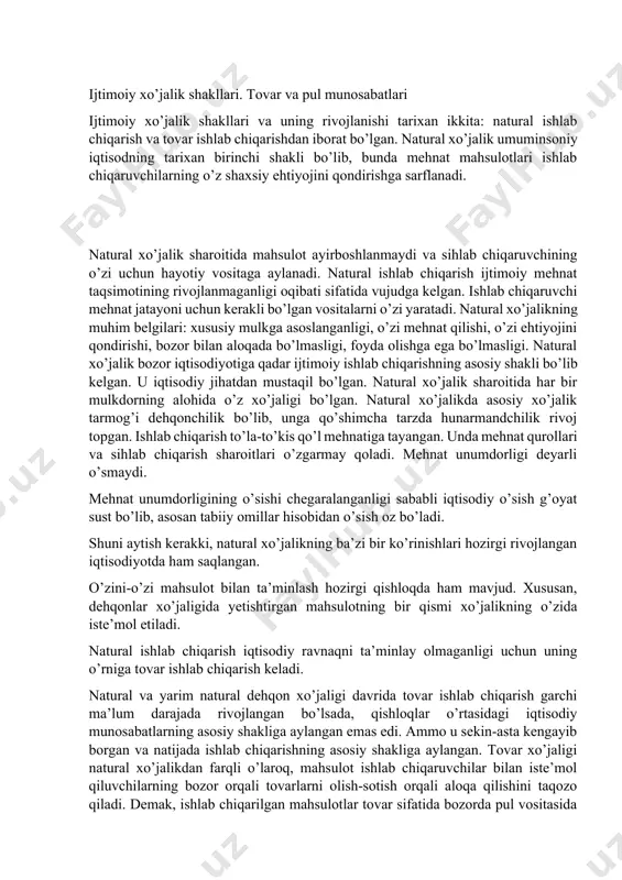 rim natural dehqon xo’jaligi davrida tovar ishlab chiqarish garchi ma’lum darajada rivojlangan bo’lsada, qishloqlar o’rtasidagi iqtisodiy munosabatlarning asosiy shakliga aylangan emas edi. ammo u sekin-asta kengayib borgan va natijada ishlab chiqarishning asosiy shakliga aylangan. tovar xo’jaligi natural xo’jalikdan farqli o’laroq, mahsulot ishlab chiqaruvchilar bilan iste’mol qiluvchilarning bozor orqali tovarlarni olish-sotish orqali aloqa qilishini taqozo qiladi. demak, ishlab chiqarilgan mahsulotlar tovar sifatida bozorda pul vositasida oldi-sotdi asosida ayirbosh qilinadi. tovar ishlab chiqarishning paydo bo’lishi qonuniy jarayon bo’lib, iqtisodiy zaruriyatni yuzaga keltirgan. demak, tovar ishlab chiqarish ob’ektiv asosda yuzaga keladi. uning omillari: mehnat taqsimoti, ya’ni mehnat turlari iqtisoslashadi, ma’lum bir xil mahsulotni ishlab chiqarishga moslashadi. shunday sharoitda ehtiyojni qondirish uchun o’z mahsulotini boshqa kerakli mahsulotga ayirboshlash uchun mahsulot bozorga chiqariladi va sotiladi. ishlab chiqaruvchi o’zining mulkiga ega bo’lishi bilan alohida mehnat faoliyatini amalga oshiradi. o’z mulkiga, korxonasiga ega bo’lishi bilan mustaqil harakat qiladi. bozor uchun zarur mahsulotlarni ishlab chiqaradi. hozirgi bozor iqtisodiyoti …