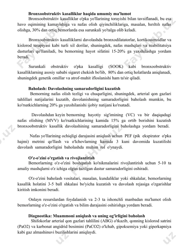 tavsiflanadi, bu esa havo oqimining kamayishiga va nafas olish qiyinchiliklariga, masalan, hırıltılı nafas olishga, 30% dan ortiq bemorlarda esa surunkali yo'talga olib keladi. bronxoobstruktiv kasalliklarni davolashda bronxodilatatorlar, kortikosteroidlar va kislorod terapiyasi kabi turli xil dorilar, shuningdek, nafas mashqlari va reabilitatsiya dasturlari qo'llaniladi, bu bemorning hayot sifatini 15-20% ga yaxshilashga yordam beradi. surunkali obstruktiv o'pka kasalligi (sook) kabi bronxoobstruktiv kasalliklarning asosiy sababi sigaret chekish bo'lib, 80% dan ortiq holatlarda aniqlanadi, shuningdek genetik omillar va atrof-muhit ifloslanishi ham ta'sir qiladi. baholash: davolashning samaradorligini kuzatish bemorning nafas olish tezligi va chuqurligini, shuningdek, arterial qon gazlari tahlillari natijalarini kuzatib, davolanishning samaradorligini baholash mumkin, bu ko'rsatkichlarning 20% ga yaxshilanishi ijobiy natijani ko'rsatadi. davolashdan keyin bemorning hayotiy sig'imining (vc) va bir daqiqadagi nafas olishing (mvv) ko'rsatkichlarining kamida 15% ga ortib borishini kuzatish bronxoobstruktiv kasallik davolashining samaradorligini baholashga yordam beradi. nafas yo'llarining ochiqligi darajasini aniqlash uchun pef (pik ekspirator o'pka hajmi) metrini qo'llash va o'lchovlarning kamida 3 …