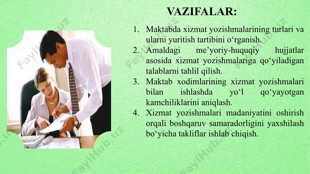 xodimlarga hujjatlarni boshqarish bo‘yicha treninglar tashkil etish va malakalarini oshirish. 3 qog‘ozda ishlash va hujjatlarni boshqarish samarali emasligi 1. elektron hujjatlash tizimini yaratish. 2. hujjatlarni elektron shaklda saqlash va boshqarish tizimini yaratish. 3. maktab xodimlariga elektron tizimlarni o‘rgatish. maktab direktori, it bo‘limi 1 yil ichida maktabda qog‘ozdan elektron tizimga o‘tish va barcha hujjatlarni elektron shaklda boshqarish. e’tiboringiz uchun rahmat! image1.jpeg image2.png image3.jpeg image4.jpeg image5.jpeg image6.jpeg image7.png image8.jpeg image9.png image10.png image11.png image12.png image13.png image14.png image15.png image16.jpeg image17.png image18.jpeg