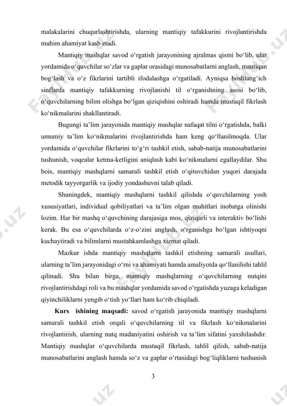 il etishning samarali usullari, ularning ta’lim jarayonidagi o‘rni va ahamiyati hamda amaliyotda qo‘llanilishi tahlil qilinadi. shu bilan birga, mantiqiy mashqlarning o‘quvchilarning nutqini rivojlantirishdagi roli va bu mashqlar yordamida savod o‘rgatishda yuzaga keladigan qiyinchiliklarni yengib o‘tish yo‘llari ham ko‘rib chiqiladi. kurs ishining maqsadi: savod o‘rgatish jarayonida mantiqiy mashqlarni samarali tashkil etish orqali o‘quvchilarning til va fikrlash ko‘nikmalarini rivojlantirish, ularning nutq madaniyatini oshirish va ta’lim sifatini yaxshilashdir. mantiqiy mashqlar o‘quvchilarda mustaqil fikrlash, tahlil qilish, sabab-natija munosabatlarini anglash hamda so‘z va gaplar o‘rtasidagi bog‘liqliklarni tushunish qobiliyatlarini shakllantirishga xizmat qiladi. shu bois, bu ishda mantiqiy mashqlarni to‘g‘ri va tizimli ravishda tashkil etishning nazariy asoslari va amaliy usullari o‘rganiladi. kurs ishining vazifalari:  mantiqiy mashqlar tushunchasi, turlari va ularning savod o‘rgatishdagi ahamiyatini tadqiq etish.  savod o‘rgatishda mantiqiy fikrlashni rivojlantirishning pedagogik tamoyillari va usullarini aniqlash.  mantiqiy mashqlarni dars jarayonida samarali tashkil etish metodikasini ishlab chiqish.  amaliy mashqlar misollarini yaratish va ularni boshlang‘ich sinflarda …