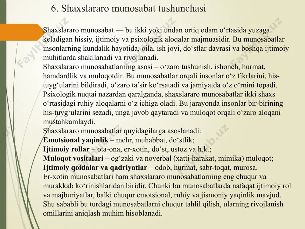 xsni bir-biriga yaqinlashtiradi. o‘xshashlik munosabatlarni mustahkamlaydi, farqlilik esa o‘ziga jalb qiladi. oilaviy va bolalik tajribalari: inson bolalikdagi tajribalari asosida juft tanlaydi. mehribon ota-onasi bo‘lgan shaxs o‘xshash xususiyatlarni qidiradi. biologik va tashqi joziba: tashqi ko‘rinish, jismoniy joziba ham muhim rol o‘ynaydi. har bir insonning go‘zallik mezonlari boshqacha. ijtimoiy omillar va stereotiplar: jamiyatning kutishlari, ota-onaning fikri va stereotiplar tanlovga ta’sir qiladi. odamlar ko‘pincha ijtimoiy kutishlarga mos tanlov qilishadi. psixologik uyg‘unlik psixologik uyg‘unlik esa, er-xotin o‘rtasidagi ruhiy va hissiy muvofiqlikni anglatadi. bu — juftliklarning bir-biriga o‘zgarmas ishonch, mehr-oqibat va qo‘llab-quvvatlash bilan bog‘lanishidir. psixologik uyg‘unlikni saqlash uchun tomonlar o‘rtasida doimiy muloqot, his-tuyg‘ularni ochiq ifodalash va muammolarni birgalikda hal qilish muhim ahamiyatga ega. psixologik uyg‘unlikning asosiy jihatlari: emotsional qo‘llab-quvvatlash – er va xotin bir-birining ruhiy holatini anglab, o‘zaro yordam va himoya qilishadi. ishonch va intimlik – ikkalasi ham bir-biriga ishonadi va o‘z his-tuyg‘ularini erkin ifoda etishadi. kognitiv uyg‘unlik – er-xotin bir-birining fikrlash tarzini, qarashlarini va …