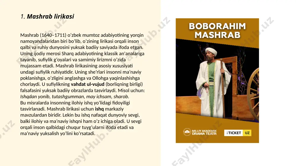 iyligi va jozibasini ta’minlagan. mashrab lirikasida tasvirlangan ilohiy ishq va insonning ma’naviy izlanishlari keyingi davr o‘zbek va boshqa sharq adabiyotida chuqur iz qoldirdi. u o‘z she’rlari orqali odamlarga hayotning asl mazmunini anglatishga va ularni o‘z qadr-qimmatlarini bilishga undadi. ... t.me/slaydai_bot mashrab lirikasi va sufiylik mashrab lirikasi asosida sufiylik g‘oyalari yotadi. mashrab, o‘z she’rlarida, insonni ilohiy ishq orqali ollohga yaqinlashishga, ruhiy tozalikka va ma’naviy poklanishga chaqiradi. uning she’rlari, bir tomondan, dinning rasmiy qoidalarini yoritgan bo‘lsa, boshqa tomondan, odamning ichki dunyosini, qalbini yuksaltirishga qaratilgan. sufiylikda ishq nafaqat dunyoviy sevgini, balki ilohiy ishqni anglatadi, bu esa mashrab she’rlari uchun eng muhim asos hisoblanadi. mashrabning mashhur she’rlaridan birida: "ishqni intiqom deb tushunmang, bu — ilohiy sevgidir, shu ishqdan yongan qalbni yoritadigan nurdir." mashrab o‘z she’rlarida insonni yuksaltirish, haqiqiy baxtni topish uchun ruhiy izlanishlarga undaydi. odamning qalbi faqat ilohiy ishqni qabul qilish orqali haqiqiy ma’naviy o‘sishni ko‘rsata oladi. mashrabda insonning qalbining poklanishi va haqiqiy yuksalishga …