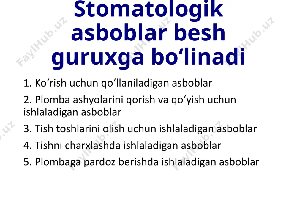 muolajaning boshida o‘rtasida va jarayonning yakunida eng zaruri hisoblanadi. asbobning ishchi qismi juda ingichka, uchi o‘tkir, dastagi ingichka va yengildir. eksplorerlar ishchi qismining shakli, uzunligi va tizzasining bukilganligi bilan ajralib turadi. ba‘zi eksplorerlardan kariyes kavaklari va tish toshlarini aniqlashda foydalaniladi. eksplorerlarning quyidagi turlari mavjud. 1. bir tomonlamali-ishchi qismi 1 tomonlama, kariyesni va tish toshlarini aniqlash uchun ishlatiladi. 2. ikki taraflamali nojuft- ishchi qismi 2 xil bo‘lgan. 3. ikki taraflama juft-ishchi qismi bir xil bo‘lgan; odatda molyarlar orasidagi tish oralig‘ini aniqlashda qo‘llaniladi. parodontologik zondlar parodontologik zondlar-parodont to‘qimasi holatini baholashda qo‘llaniladi. ishchi qismi burchak ostida egilgan, uchi to‘mtoq va millimetrli markirovkaga ega. ishchi qismi 60 daraja burchak ostida egilgan bo‘lib, to‘mtoq ychi yordamida tishning qimirlashini xam aniqlashda qo‘llaniladi. ba‘zi zondlar qulix usuli bo‘yicha rangli kodirovkaga ega. qora chiziqlar bilan har bir millimetr tasmalar esa 2 yoki 3 millimetrli sohalarni ko‘rsatadi. bu kodirovka o‘chmaydi va ko‘chib ketmaydi. bu zond vrachga tish va milk …