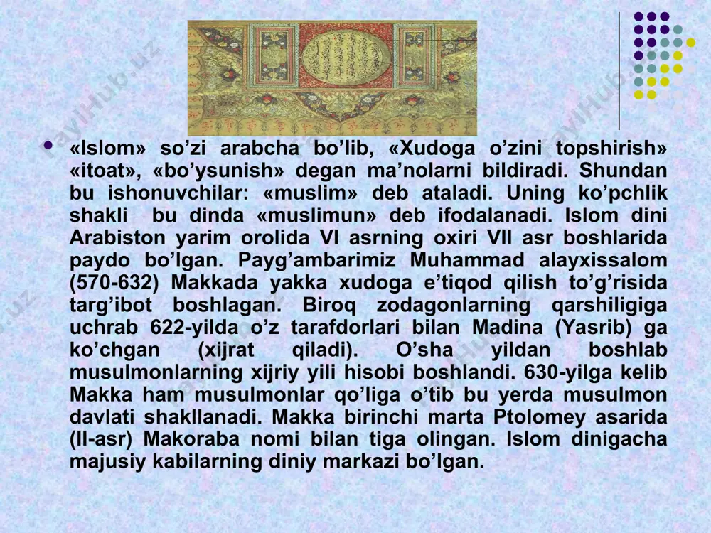 miziy 209 (824)-279 (892). 4.imom ahmad an-nasoniy 215 (880)-303 (915). 5.imom abu dovud sulaymon sijistoniy 202 (817)-275 (888). 6. imom abu abdulloh muhammad ibn mojja 209 (824)-273 (886). hadislarda insonning inson oldidagi mas’uliyati «savob», «gunoh» tushunchalari orqali boshqarilishi aytiladi. o`zbekistonda islomiy munosabatlarga keng yo`l ochilgan. istiklolning dastlabki kunlaridanok diyorimizning barcha fukarolari xakikiy e’tikod erkinligini xis eta boshladilar. bugungi kunda uzbekistonda turli din vakillarning xech kanday tusiklarsiz uz dinlariga e’tikod kilishlari uchun barcha sharoitlar yaratilgan. sobik shurolar davrida respublikamizda bor-yugi89 masjid va ikki madrasa faoliyat kursatgan bulsa, xozir uzbekiston musulmonlari idorasi boshkaruvi ostida rasmiy ruyxatdan utgan, barcha kulayliklar yaratilgan 1700 dan ortik masjid, 10 madrasa va toshkent islom universiteti faoliyat kursatib kelmokda. shuningdek, mamlakatimizda istikomat kilayotgan 130dan ziyod millat vakillari xam uzlari e’tikod kilayotgan dinlarida emin-erkin ibodat kilmokdalar. bugun respublikamizda 15 turdagi 170 dan ziyod noislomiy diniy tashkilotlar rasman faoliyat kursatmokda. 1999 yil 7 aprel kuni respublika prezidenti i.karimovning farmoniga asosan …