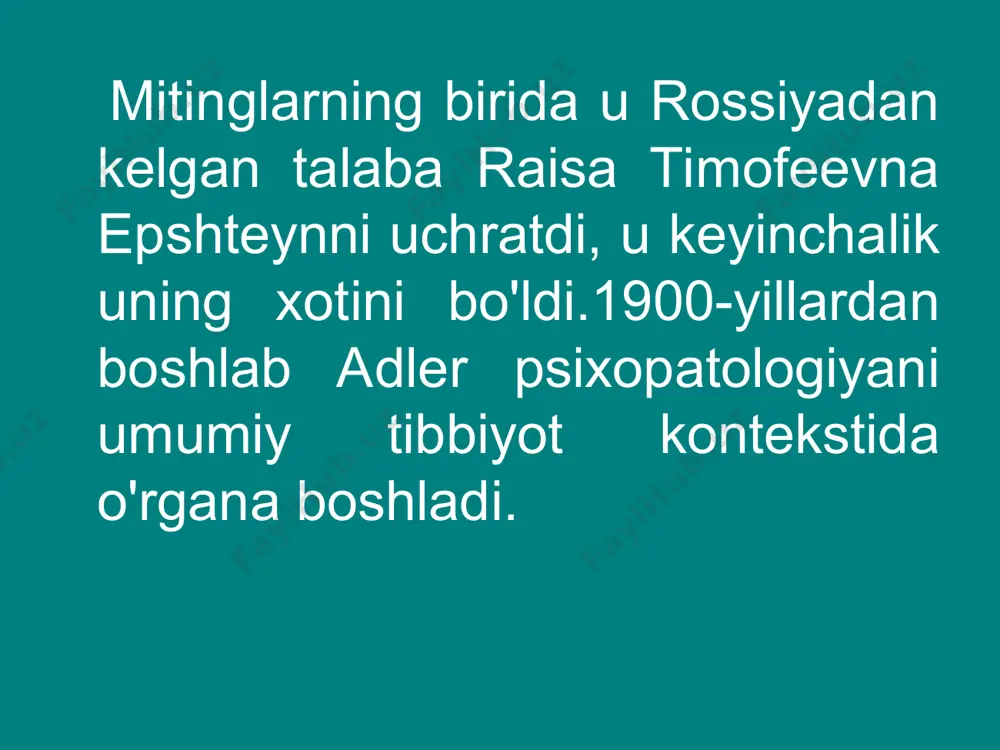 ydigan va aniqlaydigan nazariyalar va usullardan foydalanadi. bundan tashqari, har bir sub'ektga o'z tilida gapirish imkoniyatini berish, bu dunyodagi aniq odamlarning hayotini qo'llab-quvvatlovchi ma'nolarni saqlab qolish va bu ma'nolarni va sub'ektiv tajribalarni nisbatan tuzilmagan, norasmiy usullardan foydalangan holda qayd etishga urinish mavjud. nomotetik psixologiya inson xulq-atvorining ilmiy, statistik ishonchli va umumlashtiriladigan qonuniyatlarini aniqlashga intiladi. *** evristika - o'qitish usuli (talabaning qo'yilgan savolga mustaqil ravishda yechim topishi uchun mo'ljallangan etakchi savollar usuli). ilmiy ishlar ota-onalik. jinslarning o'zaro ta'siriindividual psixologiya inson bilimi va o'zini o'zi bilish yo'li sifatida nevrozlarni individual psixologik davolash gallyutsinatsiyalar nazariyasiga hayot haqidagi faninson tabiatini tushunish tushlar va ularning talqini davolash texnikasi organlarning kamligi va uning aqliy kompensatsiyasini o'rganish asabiy xarakter haqida individual psixologiyaning amaliyoti va nazariyasi nevrotik konstitutsiya hayot mazmuni ijtimoiy manfaat: insoniyat oldidagi muammo foydanilgan adabiyotlar. psixologiya: kasbga kirish(http://intropsy.ru) vikipediya (http://ru.wikipedia.org) psixologik axborot resursi(http://www.sevpsiport.com) elektron ensiklopediya «britannica» librusec kutubxonasi