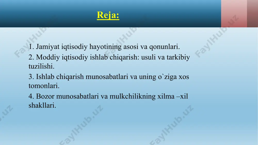 ning vositalari. texnologiya - mehnat predmetlariga fan va amaliyot imkoniyatlari, talablari asosida ta`sir etish. texnikani qullash, undan foydalanish usullari texnologiya, deb yuritiladi. ishlab chiqarishning usuli tarixda 4 xil shaklda namoyon bo`lgan. a) tayyor mahsulotlarni o`zlashtirish (haqiqiy odamlarning tabiatan oziq-ovqat ombori va qurol-yarog` arsenali sifatida foydalanishi, termachilik faoliyati. b) agro-hunar manochilik texnologiyasi. v) industrial texnologi g) axborot-komp`yuter texnologiyalari texnika taraqqiyoti fandagi chuqur o`zgarishlarsiz yuz bermaydi. avvallari fandagi yangiliklar nexnikaga tatbiq etilar edi. bu ketma-ket sodir bo`lar edi. endilikda fan va texnikadagi o`zgarishlar bir vaqtda yuz bermoqda va bunday o`zgarishlar muayyan sifat xususiyatlariga ega. shuning uchun ham ular ilmiy-texnik inqilobi (fan-texnika inqilobi) deb yuritiladi. fan-texnika inqilobining hozirgi bosqichi: - mikro elektronika radiotexnika, radioelektronika - biotenologiya - komp`yuterlashtirish radiotexnika, radioelektronika, sintetik kime kabi yangi sohalarning shakllanishi bilan xarakterlanadi. insoniyat tarixida mulkning 2 shakli qaror topgan: xususiy. umumiy. adabiyotlar: 1. falsafa. qadimiy lug`at. – t., «sharq», 2004 yil. 2. j.tulenov jamiyat falsafasi. oltinchi bo`lim. …