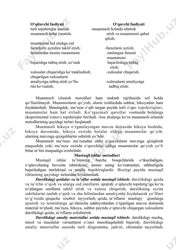 binobarin, qayta esga tushirish faoliyatiga mo‘ljallab o‘tkaziladi. o‘tkazish maqsadiga ko‘ra katoxezistik suhbatning quyidagicha turlari mavjud: yakunlash suhbati. bunday suhbatda mashg‘ulotda qilingan ishlar bo‘yicha umumiy va yakuniy xulosa chiqariladi. mustahkamlash suhbati-yangi mavzu tushuntirilgandan keyin o‘tkaziladi, so‘ngra yangi mavzu intelektual va amaliy topshiriqlar bajariladi. takrorlash suhbati ikki yoki undan ortiq mavzu bo‘yicha o‘tkaziladi.takrorlash yo‘li bilan malakalar takomillashtiriladi. umumlashtiruvchi suhbat katta bo‘lim o‘tilgandan so‘ng, o‘quv boshida, oxirida tashkil etiladi. kirish suhbati yangi mavzuni o‘rganishdan oldin o‘tkaziladi. nazorat suhbati bilimlarni sinab ko‘rish maqsadida tashkil etiladi. ko‘rgazmalilik metodi ko‘rgazmalilik didaktikada eng asosiy qoida bo‘lib, uning yordamida ko‘ruv o‘quvi va tafakkur o‘zaro uyg‘unlashadi. ko‘rgazmali metodlarning quyidagicha turlari mavjud: -illyustratsiya metodi og‘zaki bayon qila turib, rasmlar, chizmalar, jadvallar, doskadagi yozuvlarga diqatni tortish. demonstratsiya metodi-kinoapparat, leti kabi texnik vositalar asosida, shuningdek, televizor ko‘rsatuvlaridan, videotasvirdardan foydalanib, turli tasvirlarni namoyish qiladi. tabiiy ko‘rgazmalar-narsalarning o‘zi, predmetlar, turli jonivorlarning mulyajlarini ko‘rsatish. ko‘rgazmali metodlar eshitish va ko‘rishni o‘zaro uyg‘unlashtirish vositasi hisoblanadi. shu tufayli …
