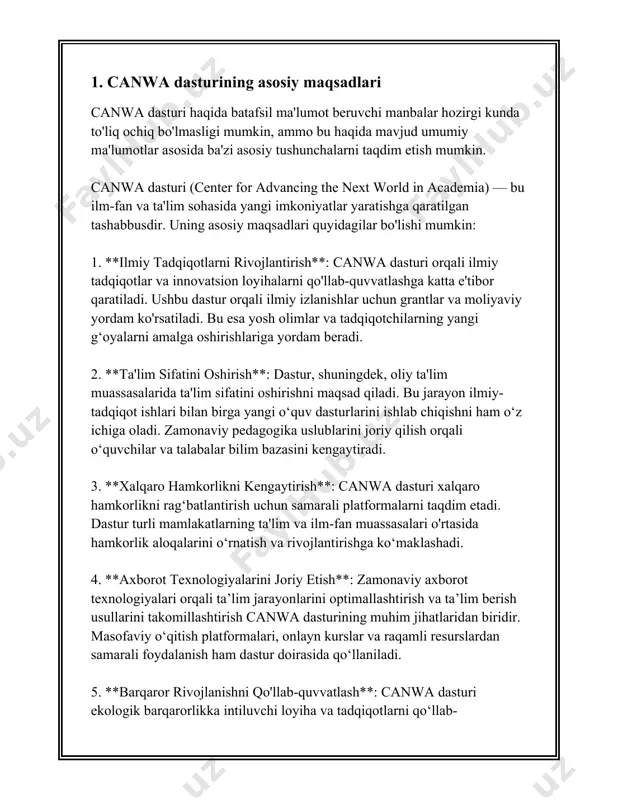 kelib chiqadigan xatolar kamayadi. 2. **ma'lumotlarni yig'ish va tahlil qilish**: dastur foydalanuvchilari ishlab chiqarish jarayonida to'plangan ma'lumotlarni yig'ish va tahlil qilish imkoniyatiga ega bo'ladilar. ushbu jarayon orqali ular samaradorlikni oshirish va xarajatlarni kamaytirish yo'llarini aniqlashlari mumkin. 3. **integratsiya imkoniyatlari**: canwa dasturi turli tashqi tizimlar va ilovalar bilan integratsiya qilish imkonini beradi, shu sababli foydalanuvchilar barcha ma'lumotlarni bir joyda to'plab, ularni yagona platformada boshqarishi mumkin. 4. **rejalashtirish va nazorat qilish**: dastur loyihani rejalashtirish va uning bajarilishini nazorat qilish jarayonlarini soddalashtiradi. bu esa o'z navbatida vaqt va resurslar tejalishi, loyihaning o'z vaqtida bajarilishiga yordam beradi. 5. **tezkor qaror qabul qilish**: dastur, yig'ilgan real vaqt ma'lumotlari asosida, tezkor qarorlar qabul qilish uchun foydalanuvchilarga yordam beradi. bu esa o'z navbatida faoliyatni yanada tez va samarali qilish imkonini yaratadi. 6. **ma'lumotlar xavfsizligi**: canwa dasturida ma'lumotlar xavfsizligi yuqori darajada ta'minlanadi. foydalanuvchilar ma'lumotlariga kirishni cheklash va himoya qilish mexanizmlarini qo'llaydilar. bu esa ma'lumotlarning nojo'ya qo'llardan himoyalanishini ta'minlaydi. …