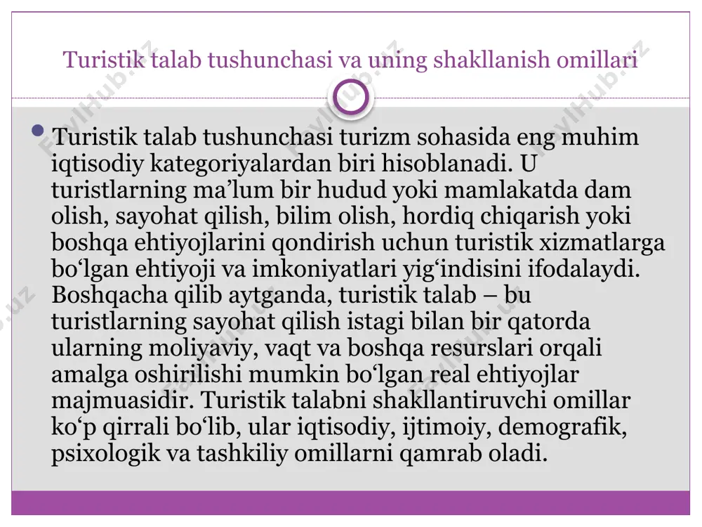 tish imkonini beradi. turistik talab tahlili bozor konyunkturasini aniqlash imkonini beradi. turistlarning qaysi davrlarda ko‘proq kelishi, ular qaysi xizmatlarni afzal ko‘rishi va qaysi yo‘nalishlarga qiziqishi haqida ma’lumot olish turizm tashkilotlariga mavsumiylikni hisobga olgan holda xizmatlarni rejalashtirishga yordam beradi. masalan, yozgi dam olish mavsumida plyaj va tog‘ turizmi, qishda esa chang‘i sporti va sog‘lomlashtirish xizmatlariga talab yuqori bo‘lishi mumkin. talab tahlili turistik mahsulotlarni diversifikatsiya qilish uchun muhimdir. talabning o‘zgarishi va turistlarning yangi ehtiyojlarini aniqlash orqali yangi marshrutlar, maxsus paketlar va qo‘shimcha xizmatlar ishlab chiqiladi. shu orqali turizm sohasi raqobatbardoshligini oshiradi va yangi mijozlarni jalb qiladi. xulosa xulosa qilib aytganda, turistik talab tahlilining amaliy ahamiyati shundaki, u turizm bozorining hozirgi holatini chuqur o‘rganish, kelajakdagi tendensiyalarni prognoz qilish, samarali xizmatlar yaratish va turizm sohasini barqaror rivojlantirish uchun zarur ilmiy va amaliy asos bo‘lib xizmat qiladi. image3.jpeg image4.jpeg image5.jpeg image6.jpeg image7.jpeg image8.jpeg /docprops/thumbnail.jpeg