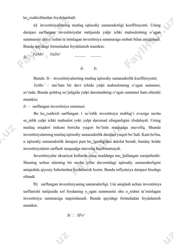 ati. bu ko’rsatkich sarflangan investitsiya summasini olingan sof foydaning o’sgan summasiga taqsimlash orqali aniqlanadi. bunda quyidagi formulalardan foydalanish mumkin: investitsiyalarning qoplanish muddati imkon qadar qisqa bo’lishi maqsadga muvofiqdir. e) sarflangan investitsiyaning kelajakda keltiradigan foydasi. bu ko‗rsatkich quyidagi formula orqali aniqlanadi: fk=so(1+i/100) t bu yerda: fk – investitsiyaning kelajakdagi foydasi; so – boshlang‗ich summa; i – inflyatsiya darajasi; t – investitsiya muddati. f) agrar sohaga sarflangan investitsiyalarning samaradorligini tavsiflovchi ko’rsatkichlardan yana biri – agrar sohaga jalb qilingan 1 so’mlik investitsiyaga to’g’ri keladigan qishloq xo’jalik yalpi mahsuloti ko’rsatkichidir. ushbu ko’rsatkichni aniqlash uchun qishloq xo'jaligirivojlangan mamlakatlarda davlat narx siyosati orqali fermerlar daromadi barqarorligini qo’llab-quvvatlaydi va shu orqali fermer xo’jaligining investitsiya jamg’armasini tashkil etuvchi daromadlarning minimal darajasini ta’minlashga harakat qilinadi. ushbu mamlakatlar amaliyotida agrar sohadagi investitsiya faoliyatini boshqarishning ikkita zamonaviy modeli keng qo’llanilmoqda: amerika va yevropa modellari. agrar sohadagi investitsiya faoliyatini boshqarishning amerika modeli aqsh va kanada davlatlari uchun xos bo’lib, ularda davlat budjeti …