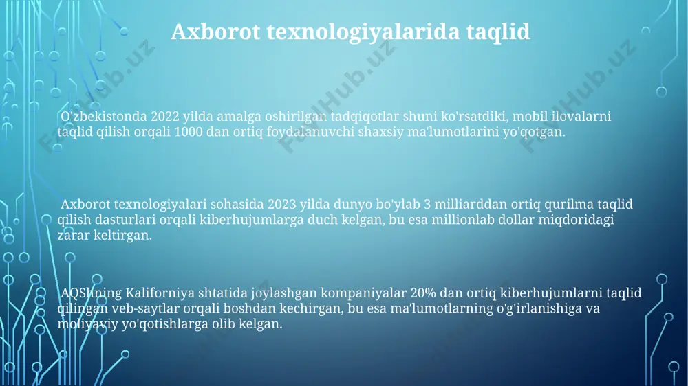 ytlar orqali tarqatiladigan dezinformatsiya), 3)ijtimoiy aldash (insonlarning ishonchini suiisteʼmol qilish orqali amalga oshiriladigan manipulyatsiyalar). ravish vositalari samarqand viloyatida 2022-yilda oʻtkazilgan tadqiqotlar shuni koʻrsatdiki, 75% aholi turli xil ravish vositalarini muntazam qoʻllaydi, ularning 25% esa nostandart mahsulotlardan foydalanadi. 2000-yillarning boshlarida oʻzbekistonda ravish vositalarining 30% dan ortigʻi xorijiy ishlab chiqaruvchilarga tegishli boʻlib, asosan xitoy va janubiy koreyadan keltirilgan. toshkent shahrida joylashgan "ravish-texnologiya" kompaniyasi 5 yildan ortiq vaqt davomida 1000 dan ortiq turdagi ravish vositalarini ishlab chiqarish va sotish bilan shugʻullanadi. ravish va aldashdan himoya qilish usullari bank kartalari ma'lumotlarini himoya qilish uchun 2-omilli autentifikatsiya va virtual kartalardan foydalaning. aqshda o'tkazilgan tadqiqotlar shuni ko'rsatdiki, bu usullar firibgarlikdan 85% ga kamaytirishga yordam beradi. 2023-yilda o'zbekistonning 3 ta yirik shahrida o'tkazilgan tadqiqotlar shuni ko'rsatdiki, firibgarlikning 60%i ijtimoiy tarmoqlarda sodir bo'ladi, shuning uchun shaxsiy ma'lumotlaringizni himoya qilish muhim ahamiyat kasb etadi. noto'g'ri takliflarga berilmaslik va shubhali veb-saytlardan ehtiyot bo'lish kerak. masalan, rossiyada 2022-yilda 1 million fuqaro …