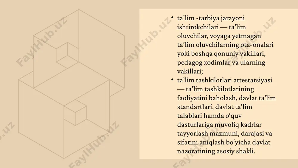 qishdan chetlashtirish va qayta tiklash tartibini belgilaydi; ta’lim tashkilotlari reytingini aniqlash tartibini belgilaydi; kadrlarni qayta tayyorlash va ularning malakasini oshirish tartibini belgilaydi; mehnat bozori talablarini prognoz va tahlil qilish asosida ta’lim tashkilotlarida kadrlarni tayyorlash bo‘yicha davlat buyurtmalarini shakllantiradi; ta’lim tashkilotlariga nisbatan moddiy-texnik, infratuzilmaviy va parametrik talablarni belgilaydi; darsliklar va o‘quv qo‘llanmalarini tayyorlash hamda nashr etish tartibini, shuningdek ularni yetkazib berishga va ulardan ta’lim tashkilotlarida foydalanishga qo‘yiladigan talablarni belgilaydi. o‘zbekiston respublikasi vazirlar mahkamasi huzuridagi ta’lim sifatini nazorat qilish davlat inspeksiyasi (bundan buyon matnda ta’lim inspeksiyasi deb yuritiladi) ta’lim tizimida o‘quv tarbiya jarayoni, professor-o‘qituvchilar tarkibi, kadrlarni tayyorlash, qayta tayyorlash va ularning malakasini oshirish sifati ustidan nazorat qilish sohasida davlat siyosatini amalga oshiradigan, ta’lim sohasidagi maxsus vakolatli davlat boshqaruvi organidir. ta’lim inspeksiyasi: ta’lim tashkilotlarini attestatsiyadan va davlat akkreditatsiyasidan, shuningdek ta’lim tashkilotlarining pedagog xodimlarini attestatsiyadan o‘tkazadi; ta’lim tashkilotlarida ta’lim -tarbiya jarayonining sifati monitoringini amalga oshiradi; maktabgacha, umumiy o‘rta, o‘rta maxsus, professional va maktabdan tashqari …
