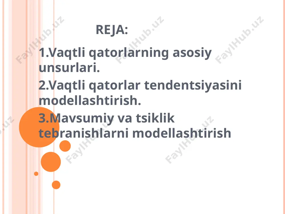tsiya koeffitsientlarining ketma-ketligi vaqtli qatorlar avtokorrelyatsiya funktsiyasi deb ataladi. avtokorrelyatsiya funktsiyasi qiymatini lag (avtokorrelyatsiya koeffitsienti tartibi) kattaligiga bog’lanish grafigi korrelogramma deb ataladi. dinamik qatorlarning tendentsiyasi (trendi)ni modellashtirish uchun analitik funktsiyalarni tuzish vaqtli qatorlarni analitik tekislash deyiladi. trendlarni tuzish uchun ko’proq quyidagi funktsiyalar qo’llaniladi: chiziqli trend; giperbola; eksponentsial trend; ko’rsatkichli funktsiya shaklidagi trend; ikki va undan yuqori tartibli parabola; trendlarning parametrlarini oddiy ekku bilan aniqlanadi, bog’liq bo’lmagan erkli o’zgaruvchi sifatida t=1,2,…,n ‑vaqt, bog’liq o’zgaruvchi sifatida yt ‑dinamik qatorning haqiqiy darajalari qatnashadi. tendentsiya turlarini aniqlashning bir qancha usullari mavjud. eng ko’p tarqalgan usullar qatoriga o’rganilayotgan jarayonni sifat jihatidan tahlil qilish, qator darajalarini vaqtga bog’liqligi grafigini qurish va uni tahlil qilish, dinamikaning ayrim asosiy ko’rsatkichlarini hisoblash usullarini kiritish mumkin. tendentsiyaturlarini aniqlashda qator darajalarining avtokorrelyatsiya koeffitsientlarini qo’llash mumkin. tendentsiya turi berilgan va qayta tuzilgan qatorlar darajalari bo’yicha hisoblangan birinchi tartibli avtokorrelyatsiya koeffitsientlarini solishtirish yo’li bilan aniqlanadi. agar vaqtli qator chiziqli tendentsiyaga ega bo’lsa, yonma-yon …