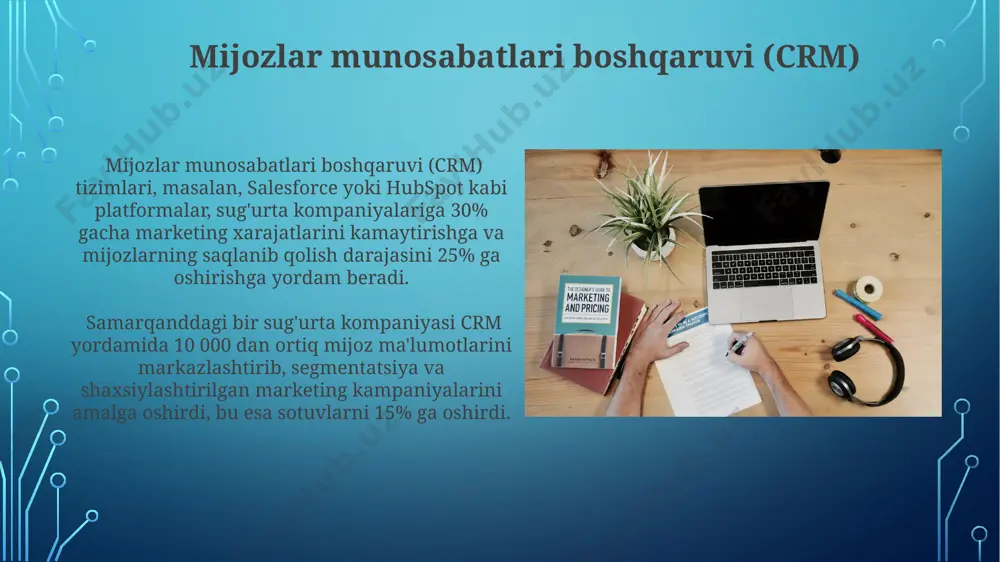 қилади. raqamli marketing va ijtimoiy media o'zbekistondagi 2023 yilgi tadqiqotlar shuni ko'rsatdiki, sug'urta kompaniyalarining 70% dan ortig'i ijtimoiy mediada reklama byudjetining kamida 15% ni sarflaydi, bu esa mijozlar bilan o'zaro aloqani yaxshilashga qaratilgan. samarqand viloyatida joylashgan kichik sug'urta kompaniyalarining 30% raqamli marketing strategiyalaridan foydalanmaydi, bu ularning bozor ulushini 2024 yilga qadar 10% ga kamaytirish xavfini tug'diradi. brendlash va korporativ identifikatsiya 2024 йилгача бухоро ва самарқанд каби вилоятлардаги суғурта компанияларининг брендинг ва корпоратив идентификациясини яхшилаш учун 5 миллион доллардан ортиқ инвестиция киритиш режалаштирилган. брендлашнинг самарали стратегияси, мисол учун, 2023 йилда ўзбекистондаги суғурта компанияларининг 70%и томонидан бренд аломатларини янгилаш ва корпоратив идентификацияни яхшилашга 20% дан ортиқ бюджет ажратилганини кўрсатади. e'tiboringiz uchun rahmat @taqdimot_robot image3.jpg image4.jpg image5.jpg image6.jpg image7.jpg image8.jpg image9.jpg image10.jpg image11.jpg image12.jpg image13.jpg image14.jpg image15.jpg image16.jpg image17.jpg image2.png