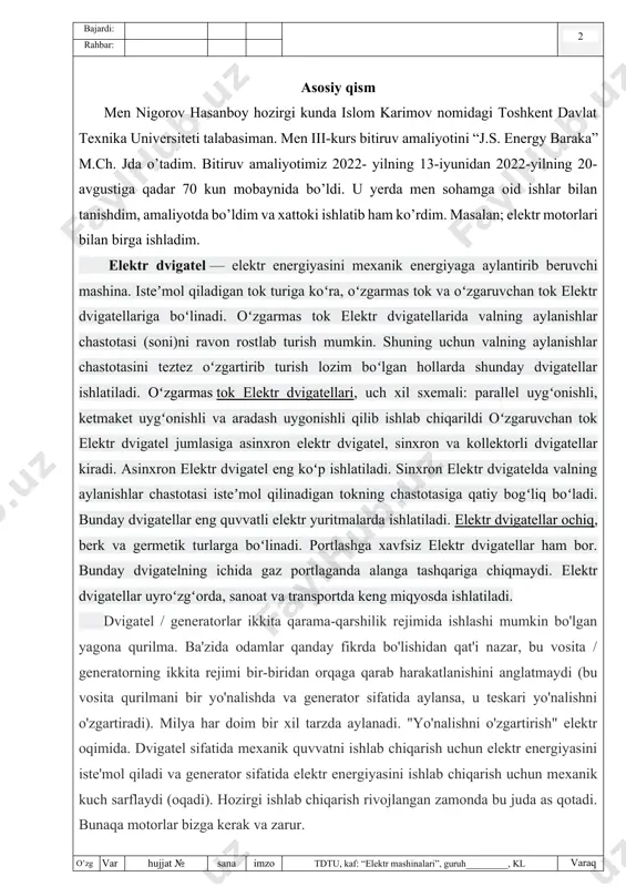 lektr dvigatellari, uch xil sxemali: parallel uygʻonishli, ketmaket uygʻonishli va aradash uygonishli qilib ishlab chiqarildi oʻzgaruvchan tok elektr dvigatel jumlasiga asinxron elektr dvigatel, sinxron va kollektorli dvigatellar kiradi. asinxron elektr dvigatel eng koʻp ishlatiladi. sinxron elektr dvigatelda valning aylanishlar chastotasi isteʼmol qilinadigan tokning chastotasiga qatiy bogʻliq boʻladi. bunday dvigatellar eng quvvatli elektr yuritmalarda ishlatiladi. elektr dvigatellar ochiq, berk va germetik turlarga boʻlinadi. portlashga xavfsiz elektr dvigatellar ham bor. bunday dvigatelning ichida gaz portlaganda alanga tashqariga chiqmaydi. elektr dvigatellar uyroʻzgʻorda, sanoat va transportda keng miqyosda ishlatiladi. dvigatel / generatorlar ikkita qarama-qarshilik rejimida ishlashi mumkin bo'lgan yagona qurilma. ba'zida odamlar qanday fikrda bo'lishidan qat'i nazar, bu vosita / generatorning ikkita rejimi bir-biridan orqaga qarab harakatlanishini anglatmaydi (bu vosita qurilmani bir yo'nalishda va generator sifatida aylansa, u teskari yo'nalishni o'zgartiradi). milya har doim bir xil tarzda aylanadi. "yo'nalishni o'zgartirish" elektr oqimida. dvigatel sifatida mexanik quvvatni ishlab chiqarish uchun elektr energiyasini iste'mol qiladi va …