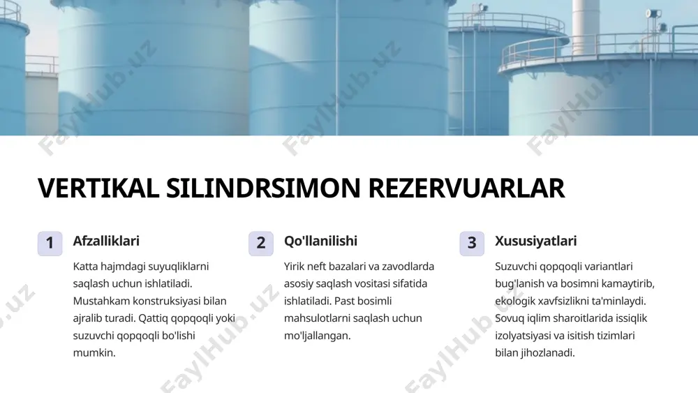 arli birikmalardan tozalaydi, bu esa atrof-muhitga zararli chiqindilarni kamaytirishga yordam beradi. 12 xavfsizlik va ekologik himoya uskunalari yong'inga qarshi uskunalar yong'in signalizatsiyasi, avtomatik suv sepish tizimlari va o't o'chirish vositalari. gaz chiqishini nazorat qilish tizimlari metan va boshqa zararli gazlarning chiqishini kuzatadi va oldini oladi. neft to'kilishlarini yig'ish uskunalari suvga to'kilgan neftni yig'ib olish va ekologik zararlarni kamaytirish uchun ishlatiladi. ekologik filtrlar neft qazib olish va qayta ishlash jarayonida chiqadigan chiqindilarni tozalash uchun xizmat qiladi. 13 zamonaviy texnologiyalar va innovatsiyalar iot (internet of things) neft qazib olish va transport jarayonlarini real vaqt rejimida nazorat qilish imkonini beradi. sun'iy intellekt (ai) neft qazib olish jarayonlarini optimallashtiradi va avariya holatlarini oldindan bashorat qiladi. dronlar neft quvurlari va rezervuar parklarini muntazam inspeksiya qilish uchun qo'llaniladi. 3d skanerlash va robototexnika burg'ulash va texnik xizmat ko'rsatish jarayonlarini avtomatlashtirishga yordam beradi. 14 xulosa 1 samaradorlik maxsus asbob-uskunalar neft qazib olish va qayta ishlash jarayonlarini samarali, xavfsiz …