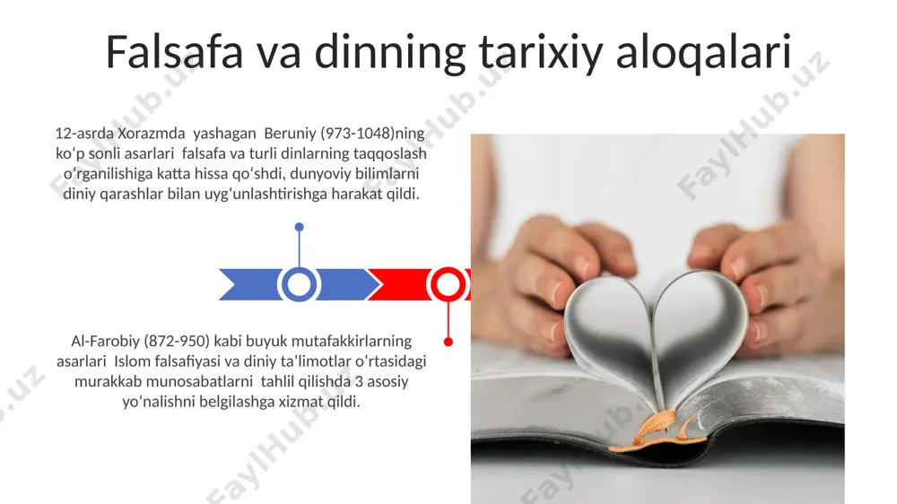 fasi din va axloq falsafasi bo'yicha 10-asrda buxorolik mutafakkirlar tomonidan yozilgan 2 ta asosiy risolada axloqiy qadriyatlarning 3 ta asosiy manbai – din, tabiat va aql muhokama qilingan. 13-asrda marg'ilon shahrida yashagan imom al-buxoriyning hadislar to'plami din va axloq falsafasini o'rganishda muhim manba bo'lib, unda 7000 dan ortiq hadis axloqiy masalalarga bag'ishlangan. falsafa va diniy bag'rikenglik ix-x asrlarda buxoro va samarqand kabi shaharlarda falsafaning rivojlanishi 2 ta asosiy yo‘nalishda – yunon-islom falsafasi va diniy tafsir maktablari o‘rtasidagi murakkab munosabatlarni aks ettirdi. alisher navoiyning "xamsa"si 5 ta dostonidan iborat bo‘lib, ularda sufizm va islom falsafasi g‘oyalari badiiy obrazlar orqali ifodalangan, 15-asr adabiyoti kontekstida diniy bag‘rikenglik misolini ko‘rsatadi. epistemologiya va diniy bilimlar islom falsafasi, xususan, 12-asr andalusiyasida al-ghazolining asarlari orqali, diniy va falsafiy bilimlar o‘rtasidagi munosabatlarni o‘rganishga katta hissa qo‘shgan, 500 dan ortiq qo‘lyozmalar bugun mavjud. epistemologiyada 20-asrda paydo bo‘lgan 3 ta asosiy yo‘nalish – pozitivizm, hermeneutika va postmodernizm – diniy bilimlarni …