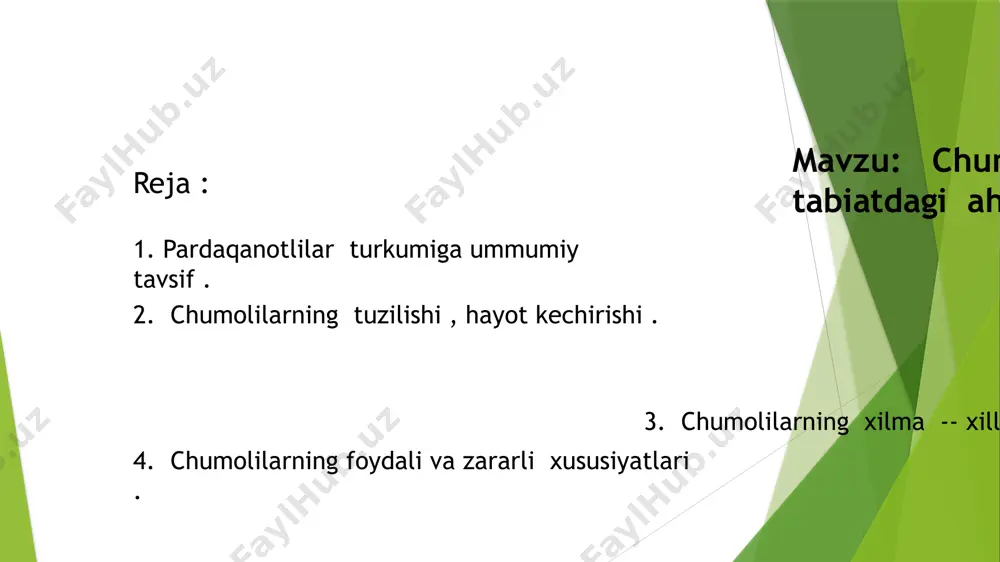 uyaga kiradigan ishchi chumolilar mo’ylovlarini navkarlar boshiga tekkizadi. • shundan keyin navkarlar ularni uyaga kirishiga ruxsat etadi. chumolilar ham asalarilar singari oila bo’lib yashaydigan pardaqanotlilardir. ular qorin bo’limining ikki bo’g’imli ingichka bel orqali ko’krakka qo’shilishi, boshining yirik va jag’larining kuchli rivojlanganligi bilan boshqa pardaqanotlilardan farq qiladi. chumolilar oilasi bir necha ming, hatto millionlab individlardan tarkib topgan. individlari orasida bir necha ona, o’nlab erkak va bir necha minglab ishchi chumolilar bo’ladi. ishchi chumolilar ko’payish qobiliyatini yo’qotgan urg’ochilardan iborat. ular chala hazm bo’lgan oziq bilan qurtlar, navkarlar va ona chumolini boqishadi. chumolilar tuproqda murakkab, ko’p kamerali in quradi. oyoqlari mo‘ylovlari jag‘lari ko‘kirak qorni chumolilar ishchi chumolilar oziq yig’ish, qurtlarni parvarish qilish qilish va ko’chirib yurish, uyani toza saqlash vazifasini bajaradi. shuningdek, ular jig’ildonida chala hazm bo’lgan oziq bilan qurtlari, navkarlari, lichinkal ari va ona chumolini oziqlantiradi. • chumolilar tuproqqa, toshlar zostiga va chiriyotgan to’nkalarning ichiga juda ko’pxona va yo’laklardan iborat uya quradi. …