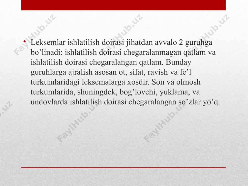 ksik qatlamlari” kitobida yigirma olti xil guruhchalarga bo’lib, har biriga misollar bilan izohlangan. ulardan ba’zilarini keltiramiz: tabiiy borliqqa oid narsa va hodisalarning nomlari: quyosh, oy, suv, havo, osmon, yulduz, daryo, tog’ kabi; tabiatning turli stixiyalarini anglatuvchi tushunchalarning nomlari: shamol, bo’ron, toshqin, chaqmoq, yashin, sel, tuman, zilzila kabi; harakat va holatni, shuningdek insonning mehnat faoliyatini ifodalovchi so’zlar: yurmoq, turmoq, urmoq, yugurmoq, chopmoq kabi; insonning psixik holati bilan bog’liq so’zlar: sevinch, sevinmoq, quvonch, achinmoq, yig’lamoq kabi; odam va hayvonlarning nomlari: kishi, ayol, bola, qiz; ot, qush, it, kabi; odam va hayvon a’zolari va muchallarining nomlari: bosh, oyoq, qo’l, barmoq, jigar, o’pka, yurak kabi; qarindosh – urug’likka oid so’zlar: ota, ona, o’g’il, qiz, opa, singil, bola, amaki, bobo, amma, tog’a va boshqalar; kishilar o’rtasidagi munosabatni, uzoq – yaqinlikni ifodalovchi so’zlar: qadrdon, mehribon, g’amxo’r, jonkuyar, do’st va boshqalar. odam va hayvonlarning xarakteri, xulqini ifodalovchi so’zlar: chaqqon, epchil. dialektal leksika ma’lum hududda yashaydigan hamma kishilar …