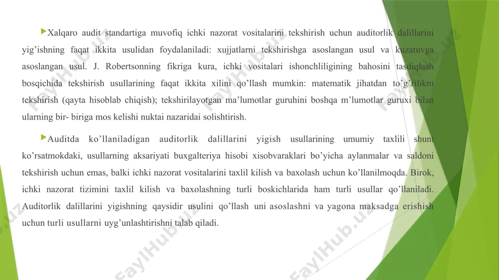 fikrimizga kura, testlarning mazmuni bo’yicha ularning yakuniy ro’yxatini shakllantirib bo’lmaydi, birok kuyidagilarni tekshirishga yo’naltirilgan testlar eng keng tarqalgan testlardir: -tekshirilayotgan tashkilot xodimlarining malakasini; -buxgalteriya hisobi va moliyaviy hisobotda aks etgiriladigan xo’jalik operasiyalarini amalga oshirishda barcha xizmat xodimlari harakatlarining tartibini; -buxgalteriya hisobi va moliyaviy hisobotii tuzishni avtomatlashtirish vositalarining algoritmlarini. o’zbekistonda bozor munosabatlari rivojlanishi bilan ichki audit xizmati faoliyati ichki nazoratning rivojlangan shakli sifatida xo’jalik yurituvchi subyektlarning korporativ boshqaruv tizimida o’ta muhim ahamiyatga ega bo’lib bormoqda. o’zbekistonlik iqtisodchi olimlar k.b.axmedjanov, a.k.ibragimov, r.d.dusmuratov, z.t.mamatov, a.x.pardayev, m.m.tulaxo’jayeva, b.a.xasanovning ilmiy asarlarida ichki auditning ilmiy-uslubiy va amaliy jihatlari qisman o’z aksini topgan. iqtisodchi olim ye.n. makarenko korxona va tashkilotlarda ichki audit xizmati tashkil qilinishining zarurati sifatida quyidagi omillarni keltirgan - tashkilot tashkiliy-boshqaruv tizimining ko’p tabaqaliligi; - korxona faoliyati miqyosi kengayishi va uning turi o’zgarishi; - mutaxassislar maslahatiga talab; - xorijiy investisiiyalarni jalb etish ehtiyoji; - aksiyadorlik jamiyatlari mulkdorlarining menedjerlar ishini baholashga talab va h.k. nazorat riski …
