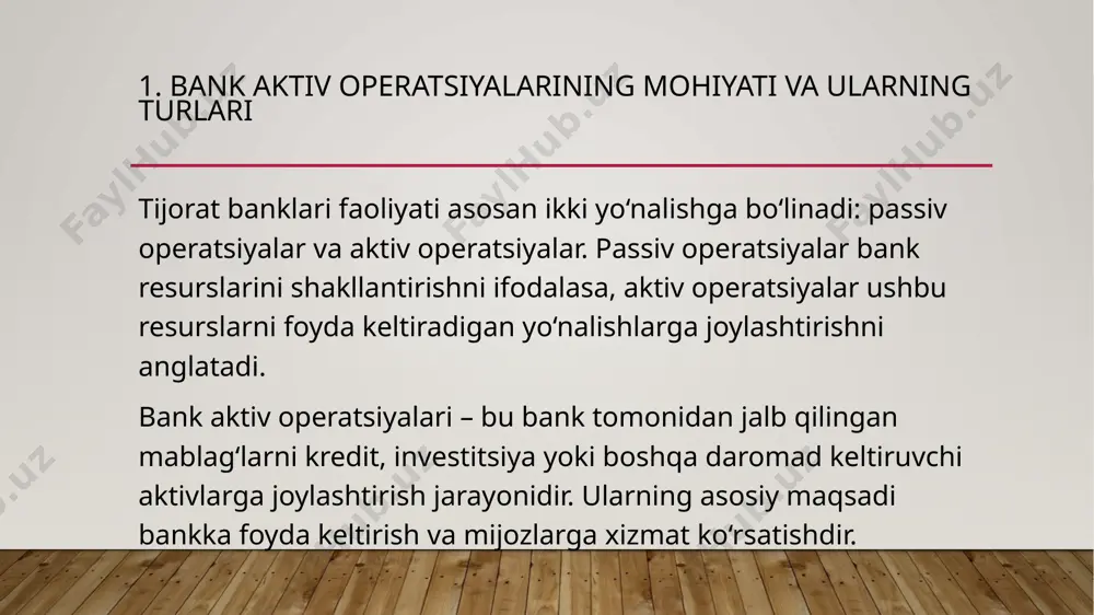 iyat yuritishida muhim ahamiyat kasb etadi. 1. ichki omillar bank boshqaruvi va strategiyasi – noto‘g‘ri kredit siyosati, risklarni nazorat qilishning sustligi, boshqaruv qarorlarining asossizligi risklarni kuchaytiradi. kredit portfelining sifati – kreditlar asosan bir tarmoqqa yoki bir nechta yirik mijozlarga yo‘naltirilsa, risk darajasi oshadi. ichki nazorat tizimi zaifligi – monitoring va audit jarayonlarining yetarli emasligi kredit riski va operatsion risklarni kuchaytiradi. kadrlar salohiyati – malakasiz xodimlarning qaror qabul qilishi yoki texnik xatolari risk manbai bo‘lishi mumkin. 2. tashqi omillar makroiqtisodiy beqarorlik – inflyatsiya, iqtisodiy inqiroz, ishsizlik darajasining oshishi kreditlarning qaytarilishiga salbiy ta’sir qiladi. foiz stavkalari va valyuta kurslarining o‘zgarishi – bozordagi beqarorlik bankning aktiv operatsiyalarini yanada xavfli qiladi. raqobatning kuchayishi – banklar mijozlarni jalb qilish uchun shartlarni yumshatishi, bu esa kredit sifati pasayishiga olib kelishi mumkin. huquqiy va me’yoriy muhitdagi o‘zgarishlar – soliq siyosati, tartibga soluvchi qonunlar yoki markaziy bank qarorlari bank faoliyatiga kutilmagan ta’sir ko‘rsatishi mumkin. xulosa qilib aytganda, bank …