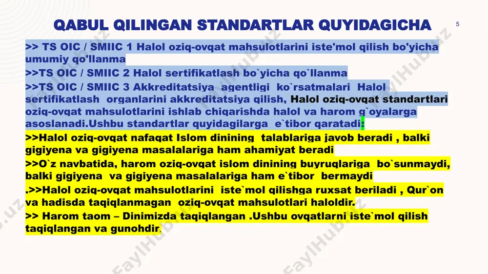 dan oziq-ovqat xavfsizligi, gigiena va gigiena sharoitlariga muvofiqligini tasdiqlaydi. bu mahsulot sifatini yaxshilaydi. halol oziq-ovqat standartlari doirasi nimani o'z ichiga oladi 11 qoidalar va tarkibi 5.1. oziq-ovqat manbai 5.1.1. hayvonlardan kelib chiqqan oziq-ovqat 5.1.1.1. halol hayvonlar 5.1.1.2. halol bo'lmagan hayvonlar 5.1.2. suv hayvonlari 5.1.3. amfibiyalar 5.1.4. o'simliklarga asoslangan ovqatlar 5.1.5. qon va inson va hayvonlardan kelib chiqadigan boshqa moddalar 5.2. hayvonlarni so'yish qoidalari 5.2.1. hayvonni so'yish uchun talablar 5.2.2. qassob (hayvonlarni so'yadigan odam uchun talab qilinadigan shartlar) 5.2.3. kesishda ishlatiladigan asboblar va materiallar 5.2.4. qassobxonalar 5.2.5. hayrat 5.2.6. kesish operatsiyalari 5.2.6.1. hayvonlarni so'yish 5.2.6.1.1. so'yishdan oldin hayvonlarning sog'lig'ini tekshirish 5.2.6.1.2. hayvonni tozalash va yuvish 5.2.6.1.3. turli xil hayvonlarni aralashtirishdan saqlanish 5.2.6.1.4. hayvonni so'yish joyiga olib borish 5.2.6.1.5. ishlash 5.2.6.1.6. tana go'shti va sakadatni kesishdan keyin boshqarish 5.2.6.1.7. tana go'shtini yuvish va shtamplash 5.2.6.2. parrandachilik 5.2.6.2.1. parrandalarni so'yish joyiga olib borish va so'yish uchun jo'natish 5.2.6.2.2. so'yishdan oldin parranda sog'lig'ini tekshirish …