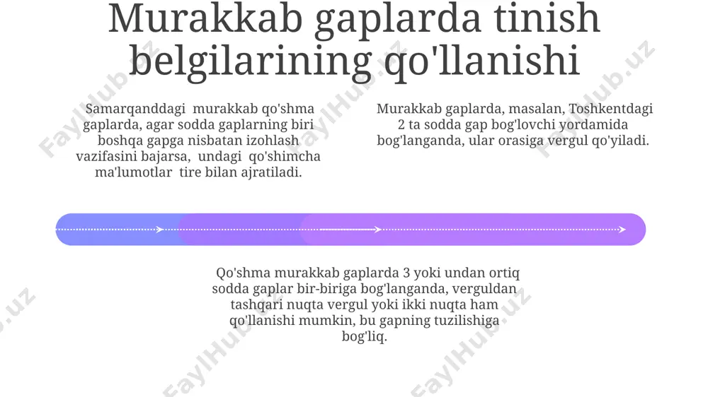 pgan) bo'lishi mumkin. masalan, 5 ta sodda gaplardan tashkil topgan murakkab qo'shma gap qurish mumkin. murakkab gapning asosiy xususiyatlari murakkab gaplarda sodda gaplarning o'zaro munosabatlari (bog'lanish usuliga qarab) ikki xil - izohlovchi yoki qo'shimcha bo'lishi mumkin, 5 xil bog'lovchi so'zlar bilan ifodalanadi. murakkab gaplarning tarkibiy tuzilishiga qarab, murakkab qo'shma gaplar, murakkab bog'langan gaplar va murakkab aralash gaplar kabi 3 ta asosiy turga bo'linadi, jumlada har birining o'ziga xos xususiyatlari mavjud. murakkab gap ikki yoki undan ortiq sodda gaplardan, bog'lovchi so'zlar yordamida 2-3 ta grammatik asoslarni o'z ichiga oladi, masalan, toshkent va samarqand shaharlarini bog'laydigan temir yo'l. bog'lovchi vositalar add text add text add text add text add text add text "ва", "лекин", "ёки", "аммо" каби боғловчи воситалардан 3 тасини қўллаб, 7-синф ўқув дастурида кўрсатилган намуналар асосида 10 тадан ортиқ мураккаб гап яратиш мумкин. боғловчи воситаларни самарқанд вилоятидаги мактабларда ўрганиш жараёнида 2-3 хил турларини ажратиб, ҳар бирига 5 тадан мисол келтириш …