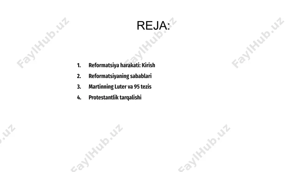 sh 1618-1648 yillarda yevropada bo‘lib o‘tgani bilan mashhur bo‘lib, u protestantlar va katoliklar o‘rtasidagi kurash edi. 3 1 2 katolik cherkovi islohotlari: qarshi-reformatsiya yevropada reformatsiya harakati xvi asrda boshlangan bo‘lib, katolik cherkovi hokimiyatiga qarshi diniy va siyosiy islohotlar harakati sifatida yuzaga keldi. reformatsiya oqibatida germaniya, shvetsiya va boshqa mamlakatlarda protestantlik keng tarqaldi, katolik cherkovi esa kuchli tanqid va qarshiliklarga duch keldi. katolik cherkovi qarshi-reformatsiya orqali o‘z pozitsiyasini mustahkamlashga harakat qildi, o‘ttiz yillik urush esa diniy nizolarni yanada kuchaytirdi. 3 1 2 yevropada diniy ziddiyatlar xvi asrda yevropada reformatsiya harakati boshlangan. u katolik cherkovi ustidan tanqidlar bilan yuzaga kelgan bo‘lib, luterdan boshlangan. bu islohotlar keng yoyildi. reformatsiya protestantlikning shakllanishiga sabab bo‘ldi. katolik cherkovi bunga qarshi kurashdi. bu esa yevropada diniy mojarolar va ziddiyatlarni kuchaytirdi hamda cho‘zildi. 1618 yilda boshlangan oʻttiz yillik urush protestantlar va katoliklar o‘rtasidagi nizo edi. urush germaniyada kechdi va yevropani iziga tushirdi. oʻttiz yillik urush: sabablari va bosqichlari …