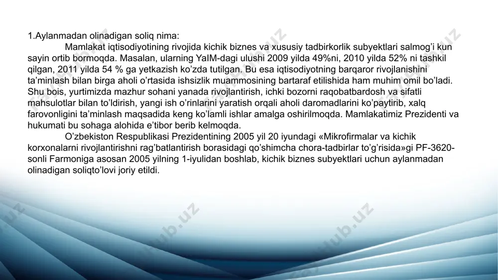 xizmatlarini ko’rsatuvchi yakka tartibdagi tadbirkorlar 25 6 sug’urta agentlari, shuningdek sug’urta,qimmatli qog’ozlar bozori va tovar-xom ashyo birjalarida brokerlik faoliyatini amalga oshiradigan yuridik shaxslar 13 7 asosiyfaoliyati mol-mulkni ijaraga berish hisoblangan yuridik shaxslar (lizing kompaniyalari bundan mustasno) 8 8 axolisi soni 100ming nafar va undan ko’p kishidan iborat shaharlarda 8 aylanmadan olinadigan soliqni hisoblab chiqarish va to‘lash tartibi saqlab qolinmoqda. rieltorlik xizmatini ko‘rsatuvchi shaxslarga soliq stavkasi 25 foizdan 13 foizgacha kamaytirildi. qolgan soliq to‘lovchilar uchun 2020-yilda amalda bo‘lgan soliq stavkalari saqlab qolinmoqda. 3.aylanmadan olinadigan soliq to’lovchilari kimlar: prezident farmoni bilan soliq imtiyozlari va preferensiyalari muddatlari uzaytirildi, umumiy ovqatlanish sohasi va ijara beruvchilar aylanmadan olinadigan soliqdan ozod qilindi, ularga boshqa yengilliklar ham berildi. o‘zbekiston prezidenti shavkat mirziyoyev 20 iyul kuni koronavirus pandemiyasining salbiy ta’sirini kamaytirish uchun aholi, umumiy ovqatlanish, savdo va xizmat ko‘rsatish sohasidagi tadbirkorlik sub’ektlarini qo‘llab-quvvatlash bo‘yicha qo‘shimcha chora-tadbirlar to‘g‘risidagi farmonni imzoladi. hujjatga muvofiq, 2020 yil 1 iyuldan 31 dekabrga qadar …