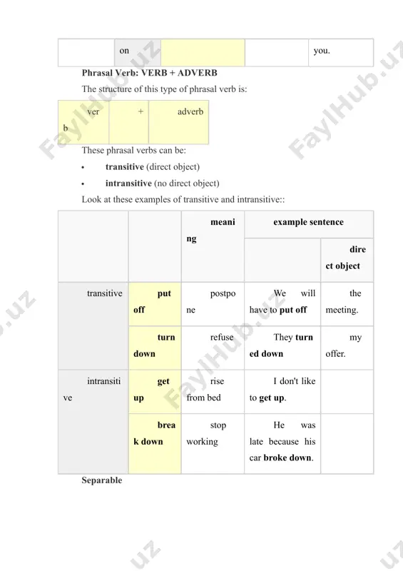 l-prepositional verb". the structure of a phrasal-prepositional verb is: verb + adverb + preposition look at these examples of phrasal-prepositional verbs: phrasal-prepositional verb meaning example sentence direct object get on with have a friendly relationship with he doesn't get on with his wife. put up with tolerate i won't put up with your attitude. look forward to anticipate with pleasure i look forward to seeing you. run out of use up, exhaust we have run out of eggs. because phrasal-prepositional verbs end with a preposition, there is always a direct object. and, like prepositional verbs, phrasal-prepositional verbs cannot be separated. look at these examples: we ran out of gas. we ran out of it. we ran gas out of. we ran out gas of. it is a good idea to write "something/somebody" in your vocabulary book when you learn a new phrasal-prepositional verb, like this: · get on with somebody …