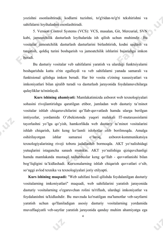 ni. kurs ishining predmeti: "web sahifani hosil qilishda foydalanilgan dasturiy vositalarning imkoniyatlari" predmeti veb-saytlarni yaratish va ulardagi funktsiyalarni boshqarish jarayonida foydalaniladigan dasturiy vositalarning imkoniyatlarini o'rganishga bag'ishlangan. bu mavzu, veb-dasturlash sohasidagi amaliyotlarning tahlili va qo'llanilgan dasturiy vositalarning o'zgaruvchan rolini o'rganishni maqsad qiladi. bu predmet asosiy quyidagi yo'nalishlarni o'z ichiga oladi: 1. dasturiy vositalarning tanqidiy ta'riflash: bu qismda veb-saytlarni yaratish uchun foydalaniladigan asosiy dasturiy vositalarning (masalan, html, css, javascript, cms platformalari, grafik dizayn dasturlari) ta'riflari va ulardagi imkoniyatlari tahlil qilinadi. 2. veb-saytlarni yaratishning asosiy bosqichi: bu qismda veb-saytlarni yaratish jarayonida qadam va vositalar tartibini ko'rsatish mumkin. bu shu jumladan, dizayn tuzish, matn yozish, rasm yaratish, interaktivlik qo'shish, foydalanuvchilar uchun ma'lumotlar bazasini tuzish va boshqalar. 3. dasturiy vositalar bilan ishlovchi sohalar: bu qismda dasturiy vositalarning alohida sohalarida qanday qilib veb-saytlarni yaratishda foydalanilishi ko'rsatiladi. masalan, wordpress yoki joomla kabi cms platformalari, adobe photoshop yoki illustrator kabi grafik dizayn dasturlari, va hokazo. 4. imkoniyatlarning ta'riflash …