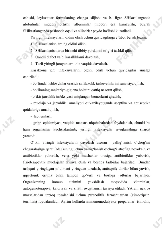 tarilishi va barmoqlarning faoliyati buzilishi. bu belgilar panaritsiyning turiga qarab har xil darajada ifodalangan bo‘ladi. panaritsiyning asosiy va doimiy belgisi kuchayib boradigan og‘riqdir. uni oldini olish uchun mikrotravmalardan saqlanish, shaxsiy gigenaga e’tibor berish, tirnoq olish va manikyurda extiyot bo‘lish va xak. panaritsiyni boshlang‘ich davrida barmoqni gipertonik eritmaga (10-20 % osh tuzi) solib turish, piyoz boylash, bog‘lam quyish (vishnevskiy malxami bilan) mumkin. og‘riq kuchayganda jarroxlik yo‘li bilan davo qilinadi. panaritsiy 1-2 % novokainli anetseziyadan so‘ng kesiladi va yiringdan tozalanib, antiseptiklar bilan davo qilinadi. agar vaqtida jarroxlik muolajasi qilinmasa og‘ir turlariga o‘tib ketishi va asoratlar berishi mumkin. furunkul-soch qopchasi, yog‘ bezlari va ularning atrofidagi to‘qimalarning o‘tkir yiringli yallig‘lanishi. ushbu teri kasalligi ko‘proq bo‘yinda, orqada, dumbada va yuzda bo‘lib turadi. uni safilakokklar keltirib chiqaradi. ayniqsa terining mayda jarohatlanishi, teri ifloslanishi, sovuq eyish, avitaminoz, qandli diabet natijasida rivojlanadi. chipqon boshlanishida infiltrat (to‘qimaning shishishi), og‘riq seziladi va atsa-sekin rivojlanib boradi.infiltrat ham, og‘riq ham kuchaya boradi. …