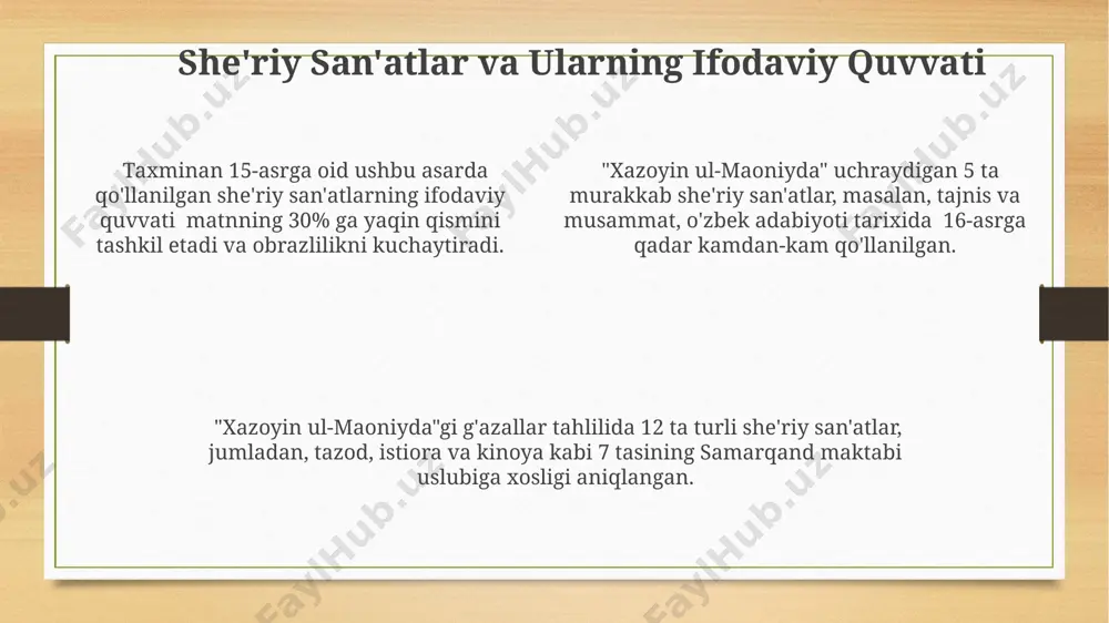 buxoro kabi shaharlardagi ijtimoiy-siyosiy voqealarga munosabatini aks ettiradi. g'azallar tarkibida 7-8 misradan iborat bo'lgan she'riy tuzilmalar ustunlik qilib, lirik qahramonning ichki dunyosidagi ziddiyatlarni, 2-3 ta asosiy mavzuni ochib beradi. lirik qahramonning falsafiy fikrlash uslubi, uning 5 ta asosiy his-tuyg'ularini ifoda etgan she'riy tasvirlar orqali, xorazm viloyati bilan bog'liq manzaralar orqali aniq ko'rsatiladi. g'azallardagi tasvir va ramziylik “xazoyin ul-maoniyda”gi g’azallar, 15-asr buxoro maktabining ta’siri ostida, tabiat manzaralari va insoniy tuyg’ularning 3 ta asosiy ramziy ifodasini – sevgi, judolik va umidni aks ettiradi. 12 ta g’azal tahlili natijalari shuni ko’rsatadiki, “xazoyin ul-maoniy”da falsafiy fikrlar, jumladan, vaqtning o’tkinchiligi haqida ramziy tasvirlar keng qo’llanilgan. g’azallardagi tasviriy vositalar, masalan, 7 ta turdagi istiora va 5 ta turdagi tazod, samarqand she’riyat maktabining an’analarini davom ettirib, chuqur ma’noli obrazlar yaratadi. xulosa va takliflar kelgusi tadqiqotlar uchun "xazoyin ul-maoniyda"gi 200 dan ortiq g'azalning to'liq tahlili va turkiy tillar lug'atlaridan foydalanish tavsiya etiladi. tadqiqot natijalari shuni ko'rsatadiki, 15-asr g'azallarida …