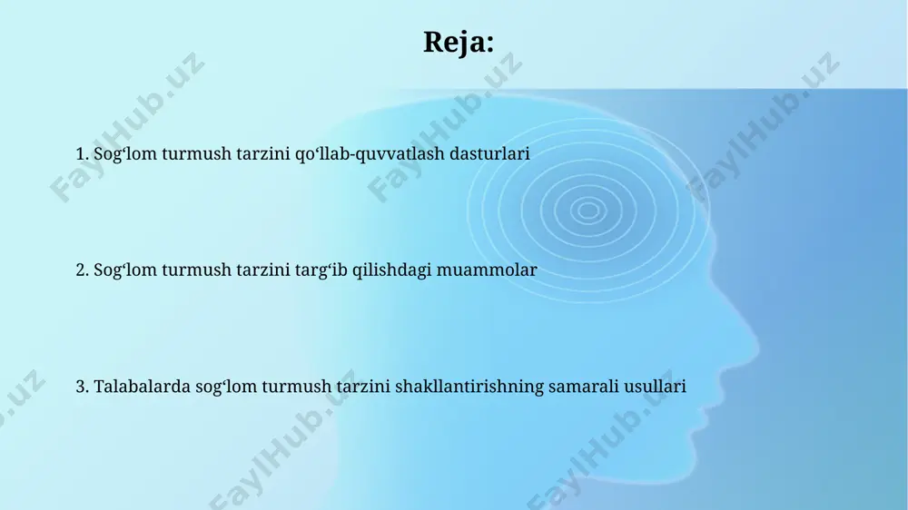 ng meva va sabzavot iste’molini 25% ga oshirdi, bu oziq-ovqat madaniyatini yaxshilashga yordam beradi. samarqand davlat universitetida o‘tkazilgan so‘rovnoma natijalariga ko‘ra, 70% talabalarda jismoniy faollik darajasi past, bu esa sog‘lom turmush tarzini shakllantirish dasturlarining samaradorligini oshirish zarurligini ko‘rsatadi. kelajakdagi rejalar va istiqbollar kelajakdagi rejalarimizga 5 yil ichida toshkent shahridagi 10 ta maktabda sog'lom turmush tarzini targ'ib qilish bo'yicha 20 ta yangi dasturni joriy etish kiradi, bu esa 5000 dan ortiq o'quvchiga ta'sir ko'rsatadi. respublikamizning 3 ta viloyatida sog'lom ovqatlanish va jismoniy faollik bo'yicha 15 ta seminar o'tkazish orqali 2025 yilga qadar 300 nafar o'qituvchini tayyorlashni rejalashtirmoqdamiz. jismoniy faollik va sportning ahamiyati jahon sog'liqni saqlash tashkilotining ma'lumotlariga ko'ra, kuniga kamida 60 daqiqa jismoniy faollik bolalar va o'smirlarning suyak zichligini yaxshilaydi va farg'ona vodiysidagi maktablar orasida o'tkazilgan tadqiqotlar buni tasdiqlaydi. jismoniy faollik yurak-qon tomir kasalliklari xavfini 20-30% ga kamaytiradi, bu toshkent shahri aholisi orasida keng tarqalgan muammo hisoblanadi va sog'lom turmush tarzini …