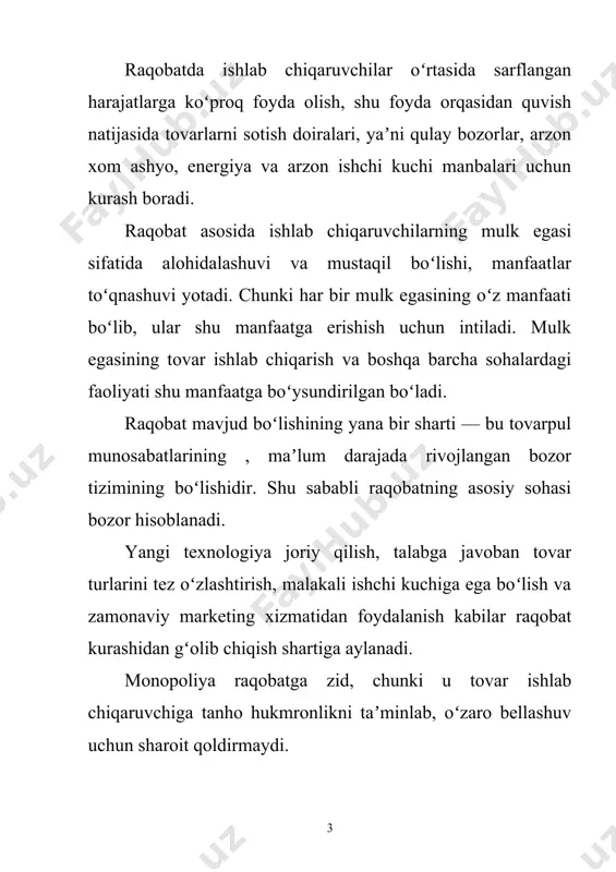 mat ko‘rsatishmi yoki boshqa qaysi sohalarda faoliyat olib bormasin, o‘z manfaati uchun kurashadilar. bu, avvalo, bozor iqtisodiyotining tabiatidan kelib chiqadi. bozor har bir iqtisodiy faoliyat yurituvchi subyektlar uchun erkin raqobat muhitini yaratib beradi. raqobat kurashi bo‘lishining asosiy sharti — tovar ishlab chiqaruvchilar hamda iste’molchilar uchun ham tanlov erkinligining mavjud bo‘lishidir. raqobat iste’molchilar o’rtasida ham yuz beradi: ular tovarlarni qulay va arzon narxlarda sotib olishga harakat qiladilar, ya’ni xaridorlar har bir sarflangan pul birligi evaziga ko’proq naflilikka ega bo’lishga harakat qiladilar. arzon va sifatli tovarlarni sotib olish uchun kurashadilar. raqobat – bozor subyektlari iqtisodiy manfaatlarining to’qnashuvidan iborat bo’lib, ular o’rtasida yuqori foyda va ko’proq naflilikka ega bo’lish uchun kurashni anglatadi. hozirgi bozor iqtisodiyotida raqobatning quyidagi asosiy vazifalarini ajratib ko’rsatish mumkin: 1) tartibga solish; 2) resurslarni joylashtirish; 3) innovatsion vazifa; 4) moslashtirish vazifasi; 5) taqsimlash; 6) nazorat qilish. 2. raqobat strategiyasi. raqobat strategiyasi — bu ma’lum bir firmaning bozorda olib boradigan raqobat …