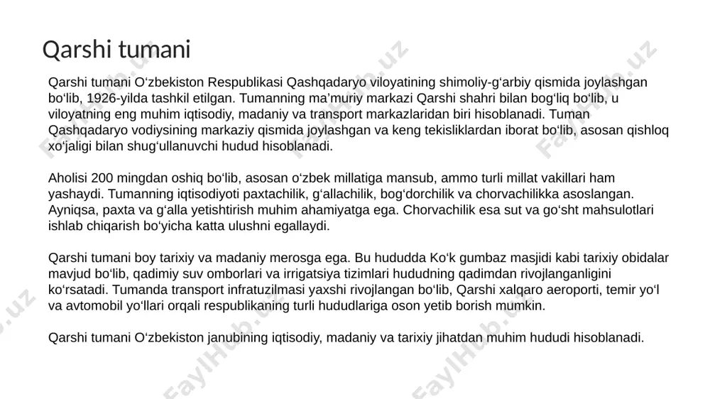 h qarshi tumani iqtisodiyoti va asosiy sektorlari transport infratuzilmasi qarshi tumani transport infratuzilmasi rivojlangan va iqtisodiy faoliyatni qo'llab-quvvatlaydi transport infratuzilmasining rivojlanishi garshi tumani transport infratuzilmasi yaxshi rivojlangan bo'lib, bu iqtisodiy faoliyatni qo'llab-quvvatlaydi. temir yo'l va avtomobil yo'llari tumanda temir yo'l va avtomobil yo'llari mavjud, bu transport tizimining asosiy qismlaridir. asosiy transport yo'nalishlari asosiy transport yo'nalishlari elarshi shahridan o'zbekistonning boshqa shaharlariga va qo'shni davlatlarga bog'lanadi. iqtisodiy faoliyatni jonlantirish transport tizimi iqtisodiy faoliyatni jonlantirib, hududning rivojlanishiga yordam beradi. aholi va demografiya qarshi tumani aholisining turli etnik guruhlari va madaniy xilma-xilligi demografik tuzilish qarshi tumani aholisining turli etnik guruhlar va madaniyatlarni o'z ichiga olishi. e etnik xilma-xillik tumandagi o'zbeklar, qozoqlar va ruslar birgalikda yashaydi. qishloq aholisining ulushi aholining 60% dan ortig'i qishloq joylarida yashaydi. ta'lim tizimi 01 ta'lim muassasalari qarshi tumani 200 dan ortiq maktabga ega, shuningdek, bir nechta oliy sog’liqni saqlash qarshi tumani sog'liqni saqlash tizimi va uning imkoniyatlari qarshi tumanidagi tibbiyot …
