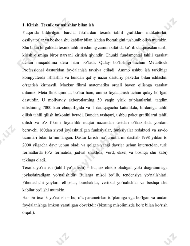 hqa shu kabilar bo‘lishi mumkin. har bir texnik yo‘nalish – bu, o‘z parametrlari to‘plamiga ega bo‘lgan va undan foydalanishga imkon yaratilgan obyektdir (bizning misolimizda ko‘z bilan ko‘rish orqali). yuforidagi yo‘nalish bilan bir qatorda regressiya yo‘nalishlari, to‘rtburchak yo‘nalishlar, qarshilik ko‘rsatish yo‘nalishlari ham mavjud bo‘lib, raf regressiya kanallari va tiron darajalari chizib olish uchun baholar xaqidagi xaqiqiy ma’lumotlarni talab etadi. 1. endryu kamertoni. ushbu indikator bir-biriga paralel bo‘lgan va uch nuqtadan o‘tkazilgan 3 chiziqdan iborat bo‘lib, “kanal” (koridor)ni hosil qilgan holda (kanalning markazi va chegaralari belgilangan holda) trend yo‘nalishiga bo‘ysinadi. eng chekkadagi nurlar tanlab olingan yo‘nalishda grafik ekstrimumlarini ko‘proq qamrab olishni ko‘zda tutgan holda quriladi (meta stok dasturiga kiritilgan, qo‘llab quvvatlash va qarshilik ko‘rsatish chiziqlarni avtomatik ravishda qidirib topadi). 2. fibonachchi yoylari. grafiklar bilan ishlab bo‘linganidan so‘ng, trend yo‘nalishi va fibonachchi yoylarini bir biriga mos kelishi aniqlandi. ya’ni, matematika bo‘yicha har qanday ma’lumotnomadan olinishi mumkin bo‘lgan fibonachchi raqamlari diametriga ega bo‘lgan yoylar. …