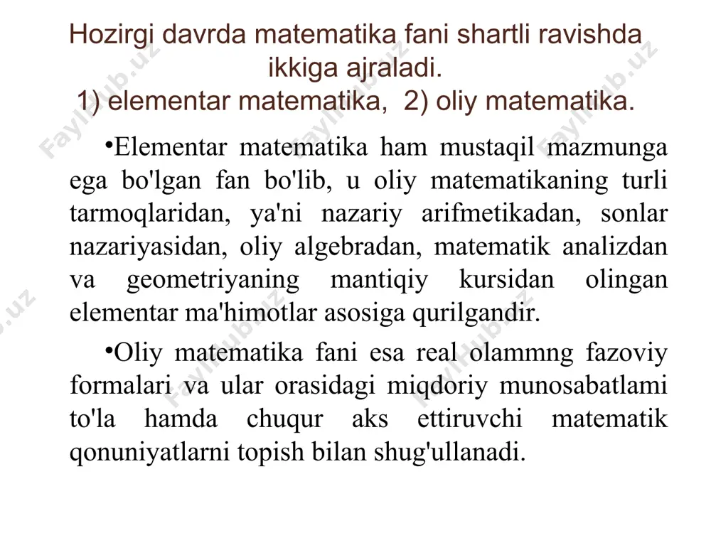 lishi bilan boshlanadi. davrini oxiri xix asrning yarmigacha boradi. bu davrda matematika hozirgi zamon ko'ri-nishiga keldi. xuddi shu davrda klassik matematika deb ataluvchi matematikaning hamma ilmiy asoslari hosil bo'ladi. 4.hozirgi zamon matematikasi davri. u xix asr­ning o'rta­laridan boshlanadi. bu davr matematik abstraksiya rolining ortishi, matematikada matematik modellash keng ko'lamda qo'llanilishi bilan xarakterlanadi. mana shu davrda klassik matematika deb ataladigan matematika o'zi uchun, matematikaning boshqa sohalari uchun tatbiq etishga ancha torlik qilib qoldi. sababi, matematika juda ko'p tarmoqlarga ajralib ketdi, unda aksiomatik metod keng rivojlandi, natijada yangi matematik tushuncha-mate­matik struktura vujudga keldi. matematik struktura tushunchasi bir qaraganda bir-biridan juda uzoq tuyulgan matematik faktlar va metodlarning birligini o'rgatishga yordam beradi. matematikaning rivojlanish qonunlari va matematika tarixini o`qitishdagi ahamiyayti matematika darslari jarayonida tarixiy ma'lumotlardan foydalanish uni yanada qiziqarli qiladi, o'quvchilarning o'rganilayotgan materialga qiziqishlarini orttiradi, bilimlarni mustahkam egallashla­ri­ga yordam beradi. matematika hamma boshqa fanlar singari uzluksiz rivojlanib turadi. buning quyidagi ikki sababi mavjud: birinchidan, …