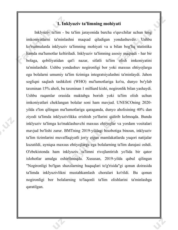 bo'lgan o'quvchilarni belgilaydi. maxsus ta'lim ehtiyojlari (mte) odatda nogironligi bo'lgan, o'rganish qiyinchiliklari yoki inson salohiyatini to'liq ochishga to'sqinlik qilishi mumkin bo'lgan boshqa omillarga ega o'quvchilarni o'z ichiga oladi. maxsus ta'lim ehtiyojlari bor bolalarni qo'llab-quvvatlash uchun mo'ljallangan ta'lim tizimlari global miqyosda mavjud, biroq har bir mamlakatda uning qamrovi va yondashuvi turlicha bo'lishi mumkin. xalqaro miqyosda, birlashgan millatlar tashkilotining inson huquqlari ustavi, bola huquqlari konvensiyasi va nogironlar huquqlari konvensiyasi singari xalqaro hujjatlar maxsus ta'lim ehtiyojlari bor bolalarning ta'lim olish huquqini ta'minlashga urinadi. o'zbekistonda ham maxsus ta'lim ehtiyojlari bor bolalarning ta'lim olish jarayoni muhim ahamiyatga ega. o'zbekiston respublikasi ta'lim vazirligi ma'lumotlariga ko'ra, har yili minglab o'quvchilar maxsus ta'lim ehtiyojlari bo'yicha turli qo'llab-quvvatlash shakllarini oladi. bu bolalar uchun maxsus maktablar, maxsus sinflar yoki inkluziv ta'lim muassasalari mavjud. 2019-yilda o'zbekistonda taxminan 20 ming bola maxsus maktablarda ta'lim olganligi qayd etilgan. bundan tashqari, maxsus ta'lim ehtiyojlari toifasiga kiruvchi bolalar uchun turli qo'llab-quvvatlash xizmatlari ko'rsatiladi. bunday xizmatlarga …