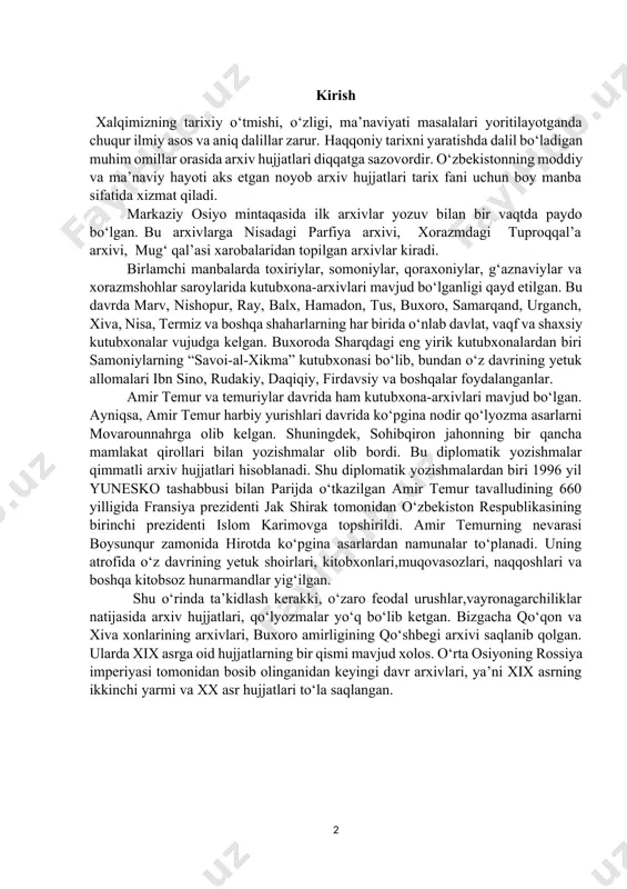 valludining 660 yilligida fransiya prezidenti jak shirak tomonidan o‘zbekiston respublikasining birinchi prezidenti islom karimovga topshirildi. amir temurning nevarasi boysunqur zamonida hirotda ko‘pgina asarlardan namunalar to‘planadi. uning atrofida o‘z davrining yetuk shoirlari, kitobxonlari,muqovasozlari, naqqoshlari va boshqa kitobsoz hunarmandlar yig‘ilgan. shu o‘rinda ta’kidlash kerakki, o‘zaro feodal urushlar,vayronagarchiliklar natijasida arxiv hujjatlari, qo‘lyozmalar yo‘q bo‘lib ketgan. bizgacha qo‘qon va xiva xonlarining arxivlari, buxoro amirligining qo‘shbegi arxivi saqlanib qolgan. ularda xix asrga oid hujjatlarning bir qismi mavjud xolos. o‘rta osiyoning rossiya imperiyasi tomonidan bosib olinganidan keyingi davr arxivlari, ya’ni xix asrning ikkinchi yarmi va xx asr hujjatlari to‘la saqlangan. i. turkistonda arxiv ishi tarixi (1917-1924 yiillar) 1.1 turkiston assrda arxiv ishining tashkil etilishi turkiston o‘lkasida 1918-yil mustabid sovet hokimiyatining o‘rnatilishi bilan izohlanadi. o‘zini idora qiladigan mustaqil davlat qurishga go‘yo ko‘maklashayotgandek ko‘ringan sovet hokimiyatining asl basharasi turkiston muxtoriyatini qonga botirishda yaqqol namoyon bo‘ldi. sovet hukumati turkiston muxtoriyati tajribasidan muhim hulosa chiqarib, bu turkiston hududida o‘ziga xos …