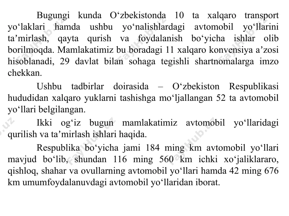 tishlar kiritishini taqozo kiladi. avtomobil yullarini qurilishida asosiy ishlar bir-biridan farq qilishiga qaramay (yer ishlari, suv o‘tkazish inshootlari, yul tushamasi kurish va boshqalar) ularni yechish quyidagi bosqichlarda olib boriladi: 1. boshlang‘ich maʼlumotlarni shakllantirish; 2. tabiiy omillar taʼsirini hisobi; 3. vaqtdan foydalanish tartibi; 4. ishlash hajmi, resurslarga talab; 5. ishlab chiqarish imkoniyati va ish muddati; 6. ishni tashkil qilish; 7. ishlab chiqarish bazasi; 8. transport taʼminoti; 9. ishlab chiqarish zaxirasi, ularni sozlash imkoni; 10. mahsulotni sifat nazorati; 11. tashkiliy-boshqaruv yechimlarini asoslash. texnologiya - bu mashina va mexanizmlar yordamida ishlab chiqarish jarayenida mahsulotni tayerlash, ishlov berish, xususiyatni o‘zgartirish bilan bog‘liq bo‘lgan usullar yig‘indisidir. texnologik ishlab chiqarish jarayenlari maʼlum ketma-ketlikka ega. texnologik jarayenlarning turg‘un bog‘lanishiga ish deyiladi. ishlar yo‘l qurilishida yer ishlari, asos va qoplama qurish ishlari, beton ishlari va boshqalarga ajratiladi. avtomobil yullarini kurilishi uziga xosligi kurilish jarayenida tayerlangan mahsulot qo‘zg‘almas bo‘lib joyda qoladi, mehnat quroli esa harakatlanadi. qurilishda ”texnologiya” so‘zi o‘zaro …