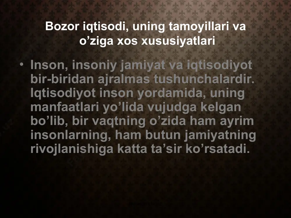 r bir davlatning gullab-yashnashi uning tabiiy resurslari, jumladan, jamiyatda to’plangan boylikdan tashqari xo’jalik yuritish tizimi, iqtisodiyotni barcha miqyosda boshqarish usul va uslublariga bog’liq bo’ladi. www.arxiv.uz www.arxiv.uz www.arxiv.uz www.arxiv.uz rivojlangan mamlakatlar to’plagan tajribalar shundan dalolat beradiki, jamiyatning gullab-yashnashiga ko’proq bozor iqtisodiyoti mos keladi. dunyoda bozor iqtisodiyoti amal qilmaydigan bironta rivojlangan davlat yo’q. boshqacha qilib aytganda, jahonda bozorsiz boy mamlakatlar yo’q. bozorda hamkorlar bir-birini erkin tanlaydilar, bu erda talab va taklif vujudga keladi hamda talab va taklif muvozanatidan kelib chiqqan holda narx belgilanadi. bozorda nafaqat ishlab chiqaruvchi va iste’molchining, balki ishlab chiqaruvchilarning ham mafaatlari bir-biriga to’qnash keladi. keyingi holatda ishlab chiqaruvchilar manfaatlarining to’qnashuvi raqobat ko’rinishida eks etadi. www.arxiv.uz www.arxiv.uz yuqorida aytib o’tilganlarning barchasi birinchi navbatda tovar bozoriga taalluqlidir. biroq bozor iqtisodiyoti tarkibida bozorning boshqa turlari – tovar va xizmatlar bozori, kapital bozori va ishchi kuchi bozori ham mavjud. ushbu bozor turlarining uchalasi bir-birini to’ldirib turadi va yagona bozor iqtisodiyoti mexanizmini tashkil qiladi. …