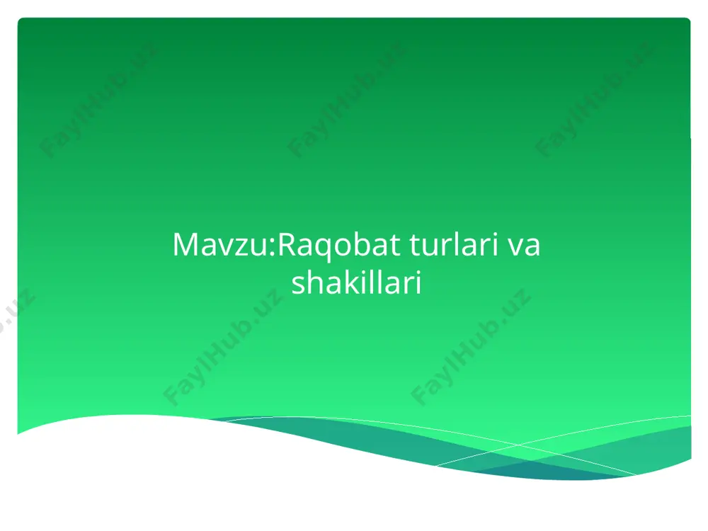 te`molchilar o`rtasida taqsimlanishiga bevosita va bilvosita ta`sir o`tkazadi. nazorat qilish vazifasi – bozordagi ba`zi ishtirokchilarning boshqa bir ishtirokchilar ustidan monopolistik hukmronlik o`rnatishiga yo`l qo`ymaslikka yo`naltirilgan. 5 raqobat shakllari: 1. ishlab chiqaruvchi larning bozordagi mavqeiga ko`ra sof yoki erkin raqobat; sof monopoliya; monopolistik raqobat; oligopoliya. 2. miqyosiga ko`ra: tarmoqlar ichidagi raqobat; tarmoqlar o`rtasidagi raqobat; millliy xo`jalik doirasidagi raqobat; jahon xo`jaligi doirasidagi raqobat. 3. sodir bo`lish xarakteriga ko`ra tartibsiz (stixiyali) raqobat; tartibga solinadigan raqobat 4. amalga oshirish usuliga ko`ra: narx vositasidagi raqobat; narxsiz raqobat. 5. amalga oshirish yo`liga ko`ra: xalol raqobat; g`irrom raqobat. ishlab chiqaruvchi (sotuvchi) larning bozordagi mavqeini belgilab beruvchi omillar: ishlab chiqaruvchi (sotuvchilar) soni. to`siqlarning mavjudlik darajasi (bozorga kirish va undan chiqib ketish). sof raqobat sof monopoliya monopolistik raqobat oligapoliya 1.ishlab chiqaruvchi (sotuvchilar) soni juda ko`p yagona nisbatan ko`proq kam sonli 2. to`siqlarning mavjudlik darajasi mavjud emas katta, taqiqlash bilan barobar unchalik katta emas katta raqobat shakllari asosiy belgilar tarmoq …