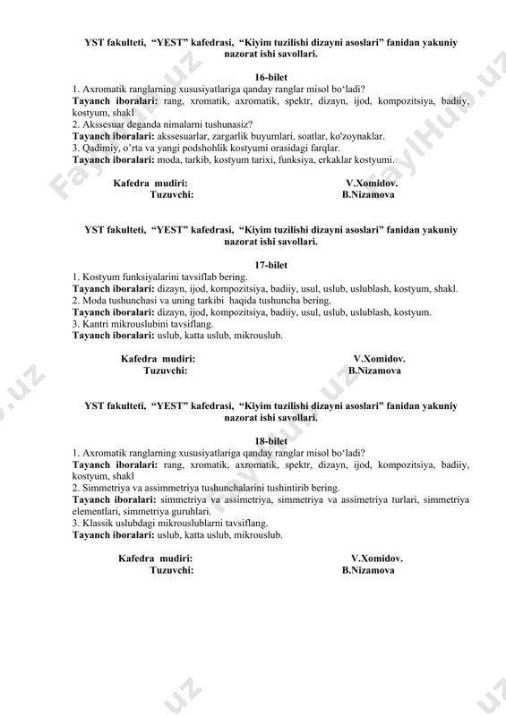 tarkib, kostyum tarixi, funksiya, erkaklar kostyumi. kafedra mudiri: v.xomidov. tuzuvchi: b.nizamova yst fakulteti, “yest” kafedrasi, “kiyim tuzilishi dizayni asoslari” fanidan yakuniy nazorat ishi savollari. 17-bilet 1. kostyum funksiyalarini tavsiflab bering. tayanch iboralari: dizayn, ijod, kompozitsiya, badiiy, usul, uslub, uslublash, kostyum, shakl. 2. moda tushunchasi va uning tarkibi haqida tushuncha bering. tayanch iboralari: dizayn, ijod, kompozitsiya, badiiy, usul, uslub, uslublash, kostyum. 3. kantri mikrouslubini tavsiflang. tayanch iboralari: uslub, katta uslub, mikrouslub. kafedra mudiri: v.xomidov. tuzuvchi: b.nizamova yst fakulteti, “yest” kafedrasi, “kiyim tuzilishi dizayni asoslari” fanidan yakuniy nazorat ishi savollari. 18-bilet 1. aхromatik ranglarning хususiyatlariga qanday ranglar misol bo‘ladi? tayanch iboralari: rang, хromatik, axromatik, spektr, dizayn, ijod, kompozitsiya, badiiy, kostyum, shakl 2. simmetriya va assimmetriya tushunchalarini tushintirib bering. tayanch iboralari: simmetriya va assimetriya, simmetriya va assimetriya turlari, simmetriya elementlari, simmetriya guruhlari. 3. klassik uslubdagi mikrouslublarni tavsiflang. tayanch iboralari: uslub, katta uslub, mikrouslub. kafedra mudiri: v.xomidov. tuzuvchi: b.nizamova yst fakulteti, “yest” kafedrasi, “kiyim …