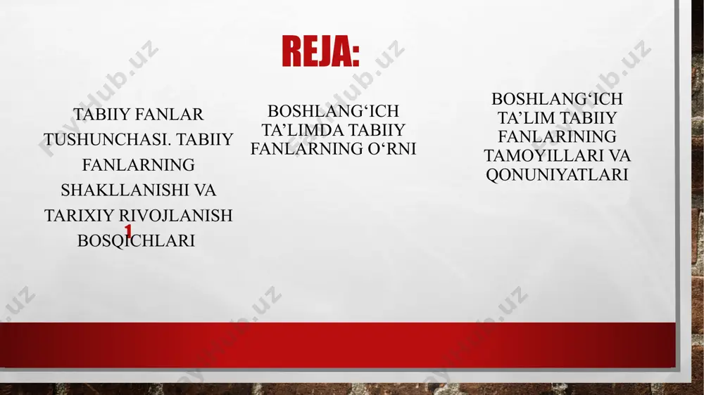 haqidagi ilk ilmiy tushunchalari shakllanadigan davr. boshlang‘ich tabiiy fanlar (atrofimizdagi olam, tabiat, ona yerim): o‘quvchilarda kuzatuvchanlik, fikrlash, qiziqishni rivojlantiradi. tabiatga ehtiyotkorlik, ekologik madaniyat va mas'uliyatni tarbiyalaydi. o‘quvchilar tabiat bilan amaliy aloqaga kiradi (tajribalar, ekskursiyalar, kuzatishlar). . boshlang‘ich ta’lim tabiiy fanlarining tamoyillari 1. ilmiylik tamoyili bilimlar ilmiy manbalarga asoslanishi lozim. tushunchalar aniq, isbotlangan va hayotiy bo‘lishi zarur. 2. yoshga moslik tamoyili o‘quv materiallari bolaning psixologik va fiziologik rivojlanish darajasiga moslashtiriladi. 3. kuzatuv va tajriba asosida o‘rganish tamoyili bolalar o‘zlari tajriba o‘tkazib, xulosaga kelishlari lozim. “o‘z ko‘zi bilan ko‘rgan – ming marta eshitgandan afzal.” 4. hayot bilan bog‘liqlik tamoyili har bir bilim real hayotdagi voqea, holat bilan bog‘lanadi. masalan: suv aylanishi, ob-havo, daraxtlar fasllarga qarab o‘zgarishi. 5. integrativlik tamoyili tabiiy fanlar boshqa fanlar (matematika, adabiyot, texnologiya) bilan uyg‘unlashtirib o‘qitiladi. 6. amaliyotga yo‘naltirish tamoyili olingan bilimlar kundalik hayotda qo‘llanishi kerak (masalan, o‘simliklarni parvarish qilish, suvni tejash). boshlang‘ich ta’lim tabiiy fanlarining qonuniyatlari 1. sabab–natija …