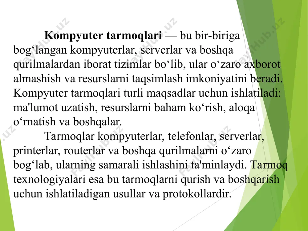 ning boshlarida tim berners-lee, ingliz olimi, world wide web (www) tizimini yaratdi. www internetda turli xil sahifalar va resurslarni birlashtirish imkonini beruvchi tizimdir. bu davrda internet yanada ommalashib, tijorat va ta'lim sohalarida ishlatila boshlandi. 5. 1990-yillar – internetning jahon bo‘ylab kengayishi: 1990-yillarning boshlarida internetda foydalanuvchilar soni tezda o‘sdi. 1993-yilda birinchi grafik internet brauzeri mosaic chiqarildi, bu esa internetni oddiy foydalanuvchilar uchun ham yanada qulaylashtirdi. shu davrda aol, yahoo!, amazon, ebay kabi kompaniyalar ham o‘z faoliyatini boshladi. 1995-yilda internet explorer brauzeri va windows 95 tizimi chiqarildi, bu esa internetning ommalashishini yanada tezlashtirdi. 6. 2000-yillar – web 2.0 va ijtimoiy tarmoqlar: 2000-yillarda internetda web 2.0 tushunchasi paydo bo‘ldi. bu davrda veb-saytlar va platformalar foydalanuvchilar tomonidan yangilanadigan va interaktiv bo‘lishi kerak edi. youtube (2005), facebook (2004), twitter (2006) kabi ijtimoiy tarmoqlar paydo bo‘ldi va ular internetda yangi aloqalar va kommunikatsiya shakllarini yaratdi. bu davrda internetni doimiy ravishda ishlatish va onlayn hamkorlik qilish madaniyati …
